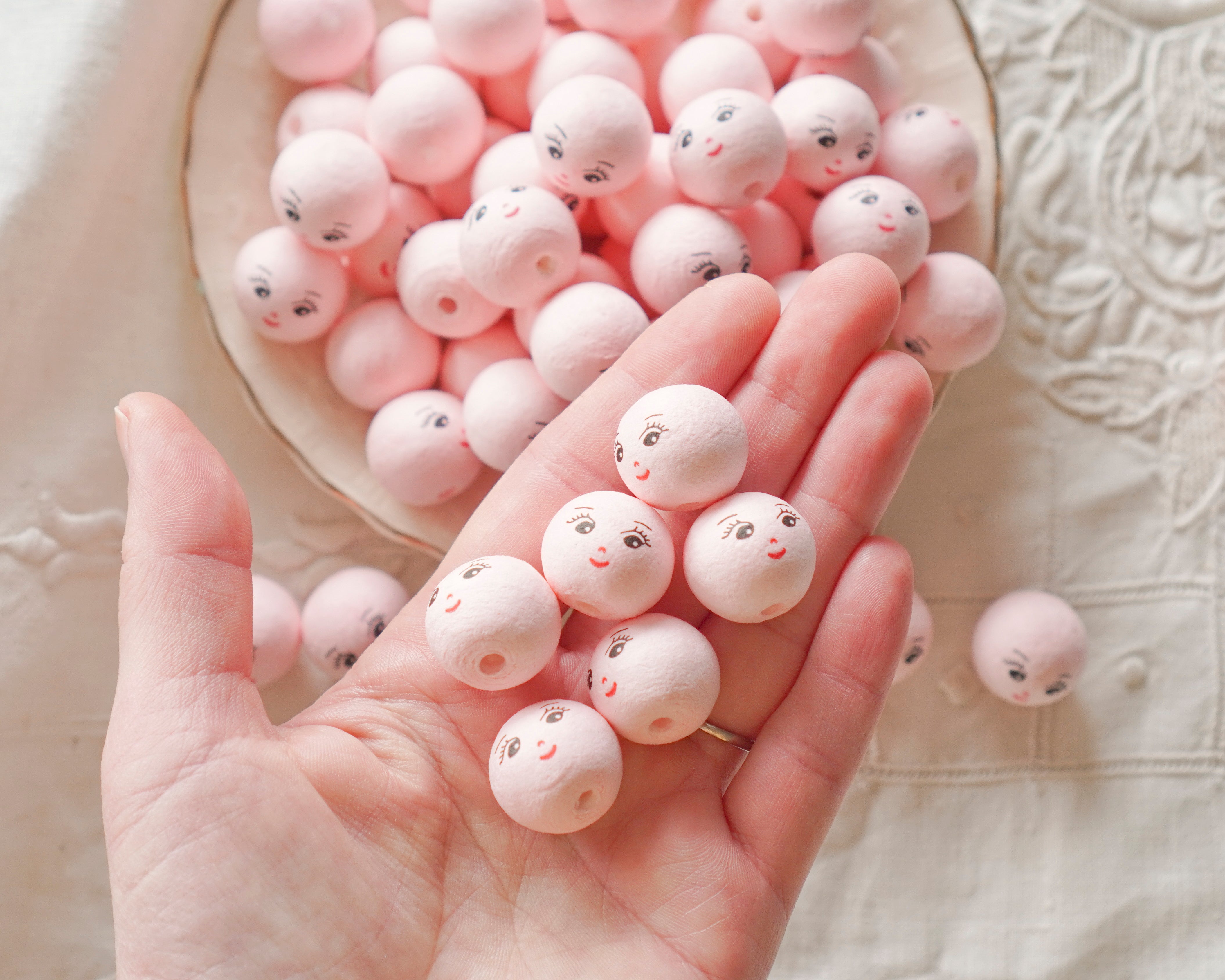 Mini Spun Cotton Heads: CHARM - 18mm Pink Vintage-Style Cotton Doll Heads, 12 Pcs.