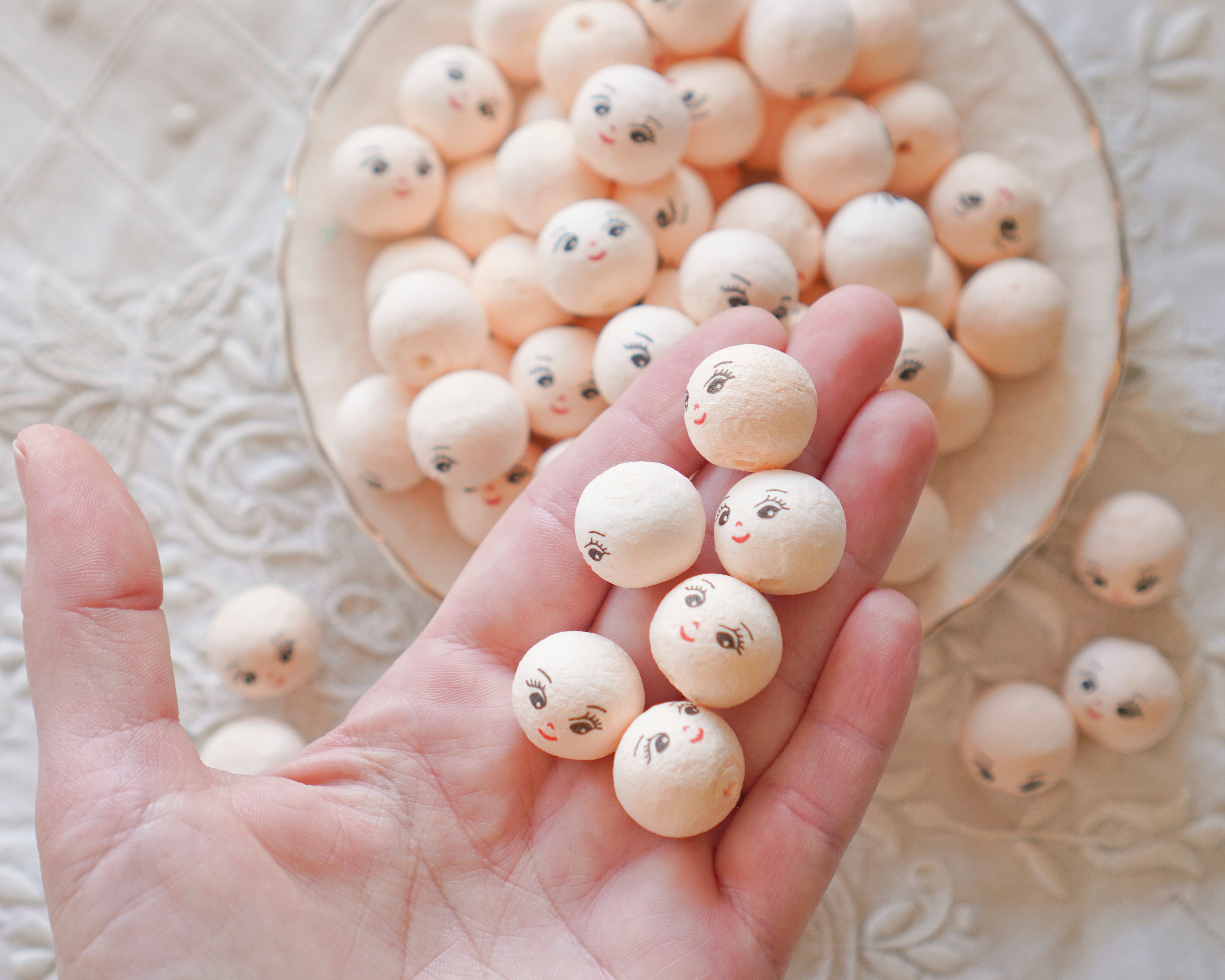 Mini Spun Cotton Heads: CHARM - 18mm Cream Vintage-Style Cotton Doll Heads, 12 Pcs.