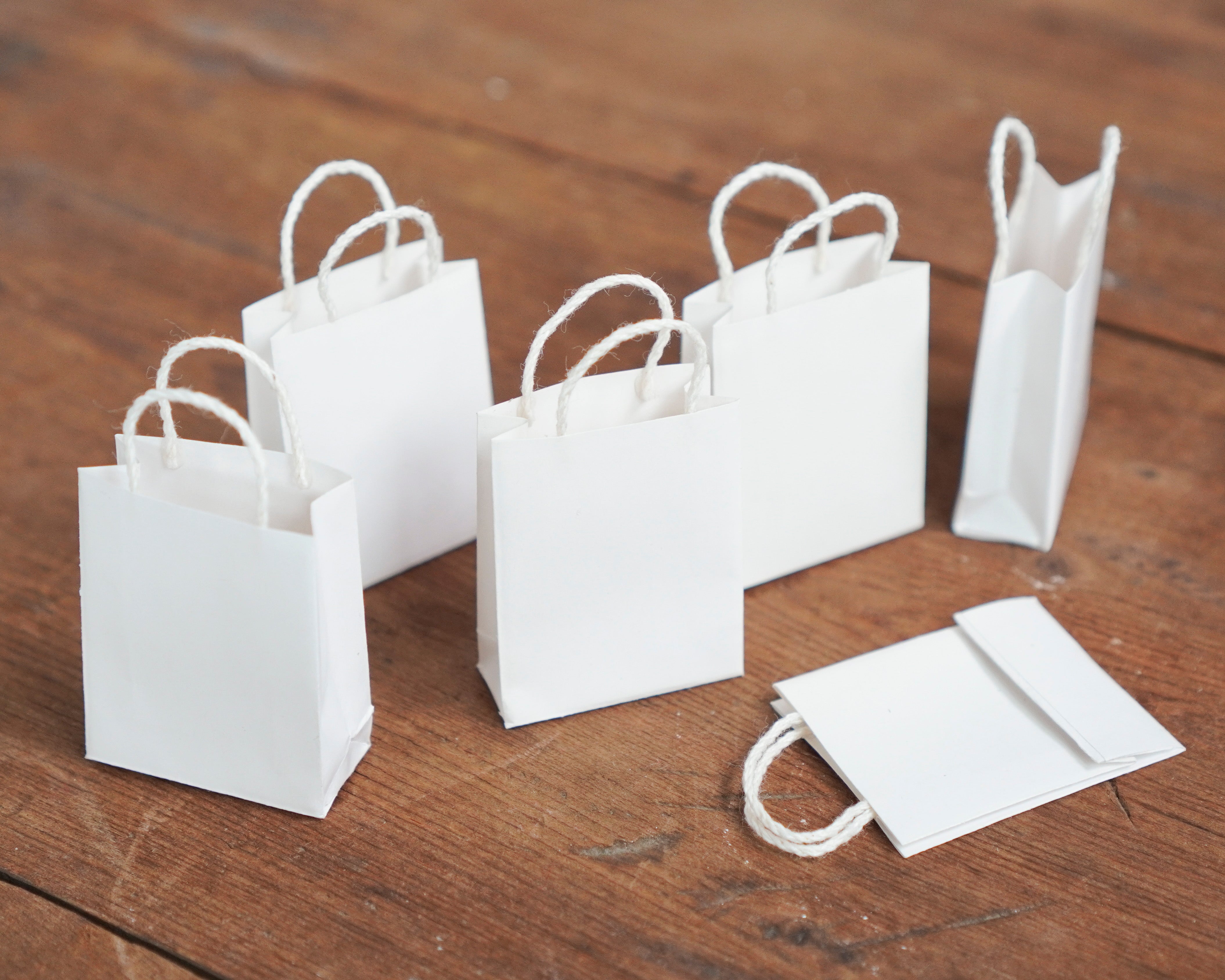 Miniature Shopping Bags - Tiny Dollhouse 1:12 Scale White Paper Gift Bags, 6 Pcs.