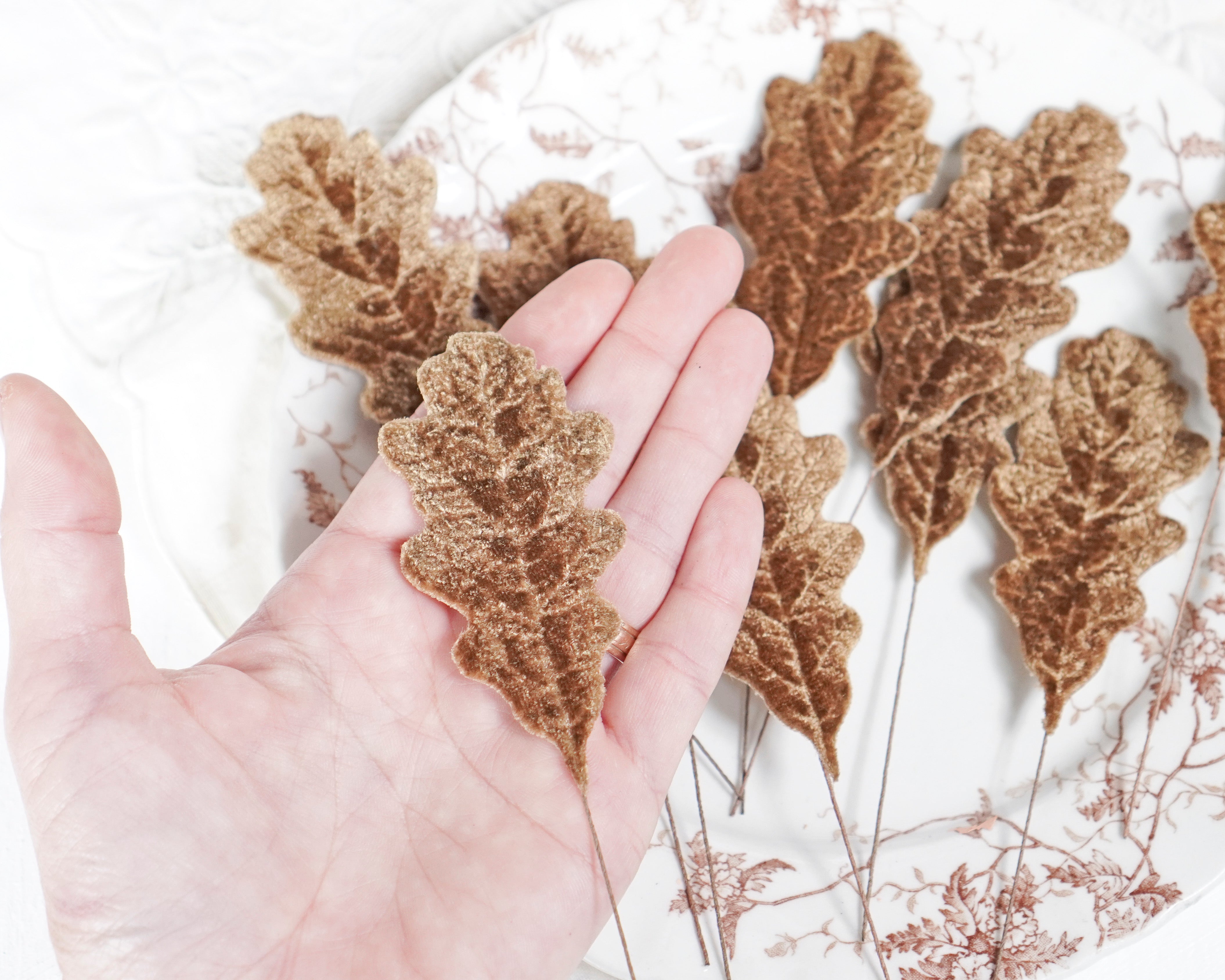 Velvet Oak Leaves - Cinnamon Brown Autumn Artificial Craft Leaf Stems, 10 Pcs.