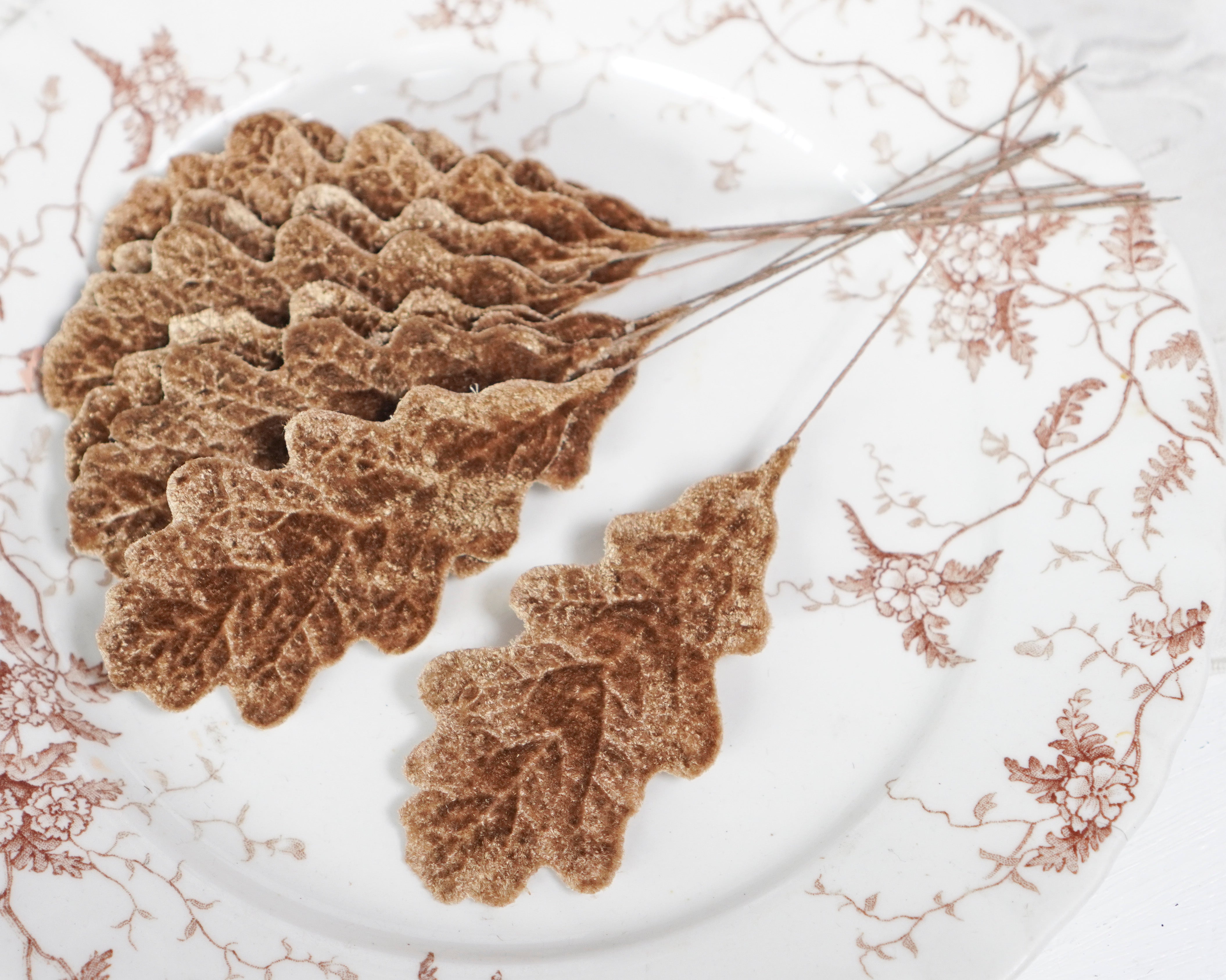 Velvet Oak Leaves - Cinnamon Brown Autumn Artificial Craft Leaf Stems, 10 Pcs.