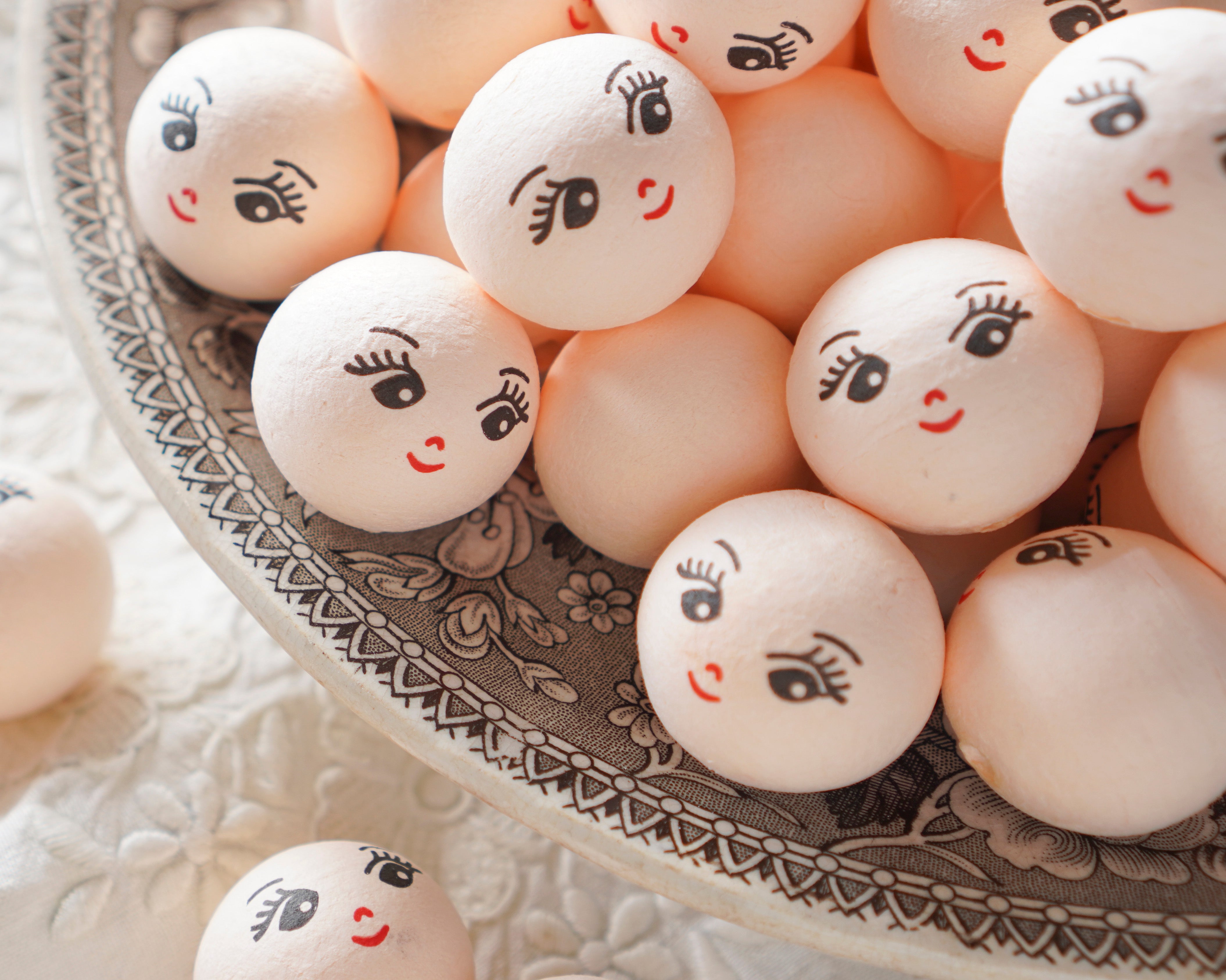 Cream Spun Cotton Heads: CHARM - 30mm Vintage-Style Cotton Doll Heads with Faces, 12 Pcs.