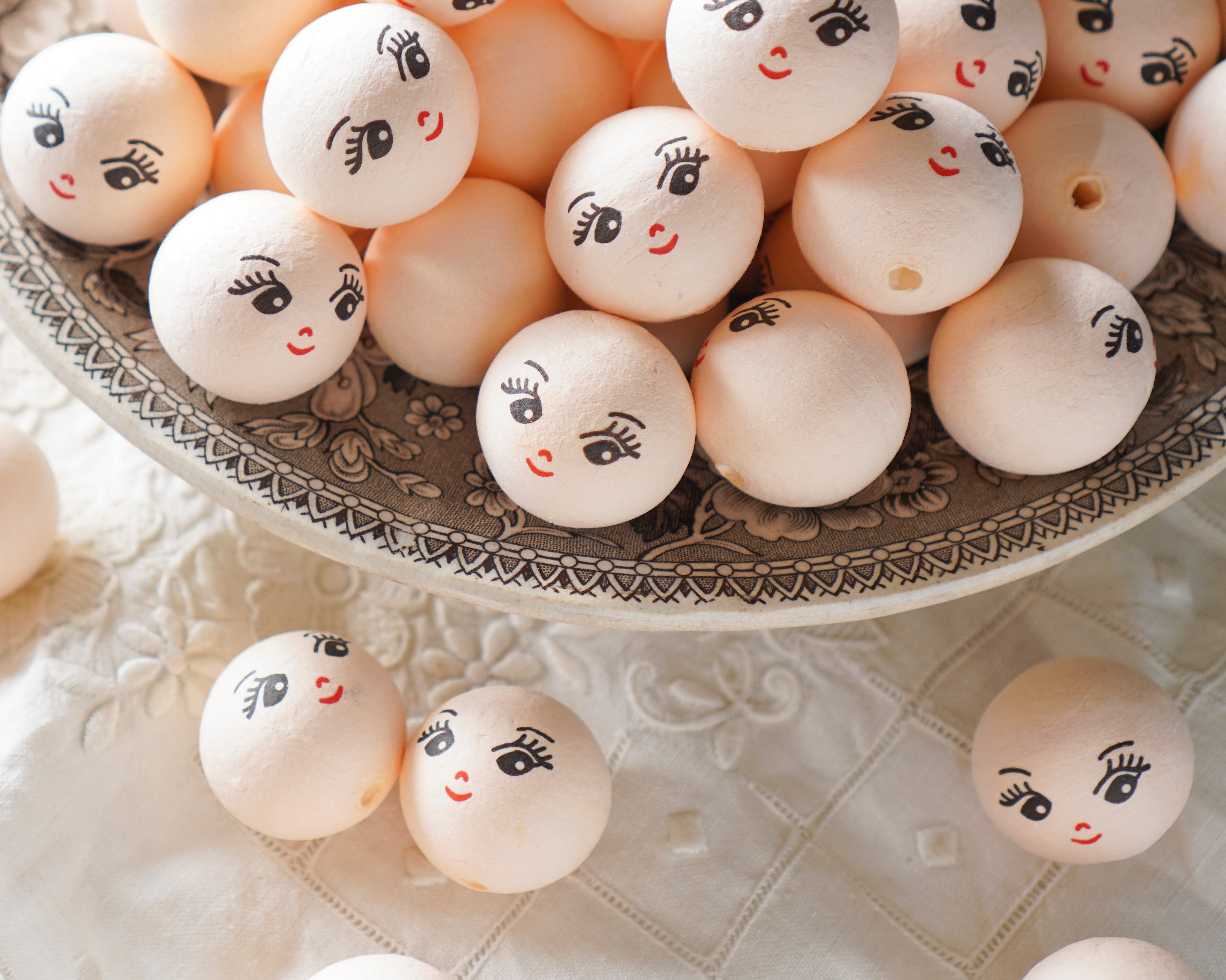 Cream Spun Cotton Heads: CHARM - 30mm Vintage-Style Cotton Doll Heads with Faces, 12 Pcs.