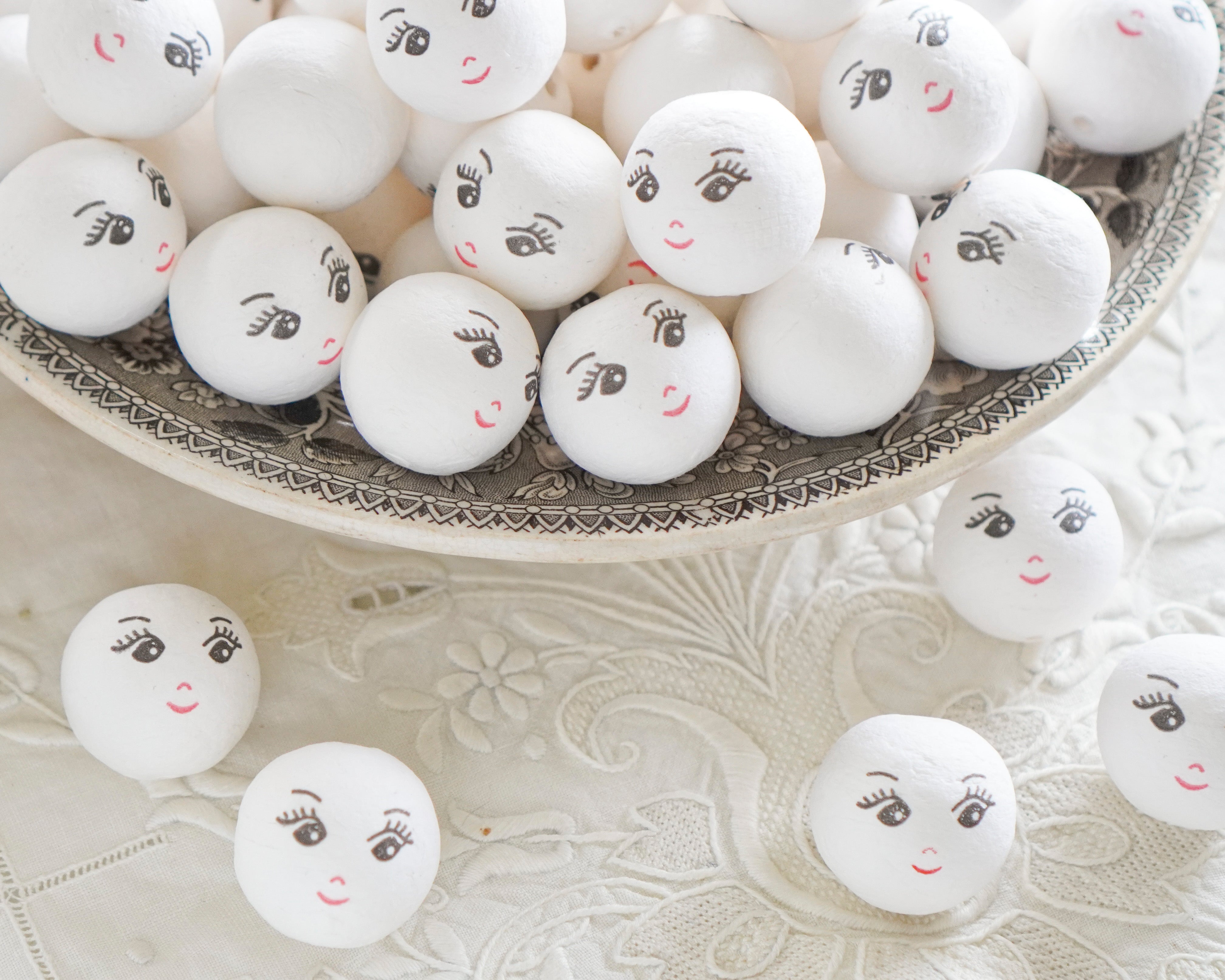 Spun Cotton Heads: CHARM - 30mm Vintage-Style Cotton Doll Heads with Faces, 12 Pcs.