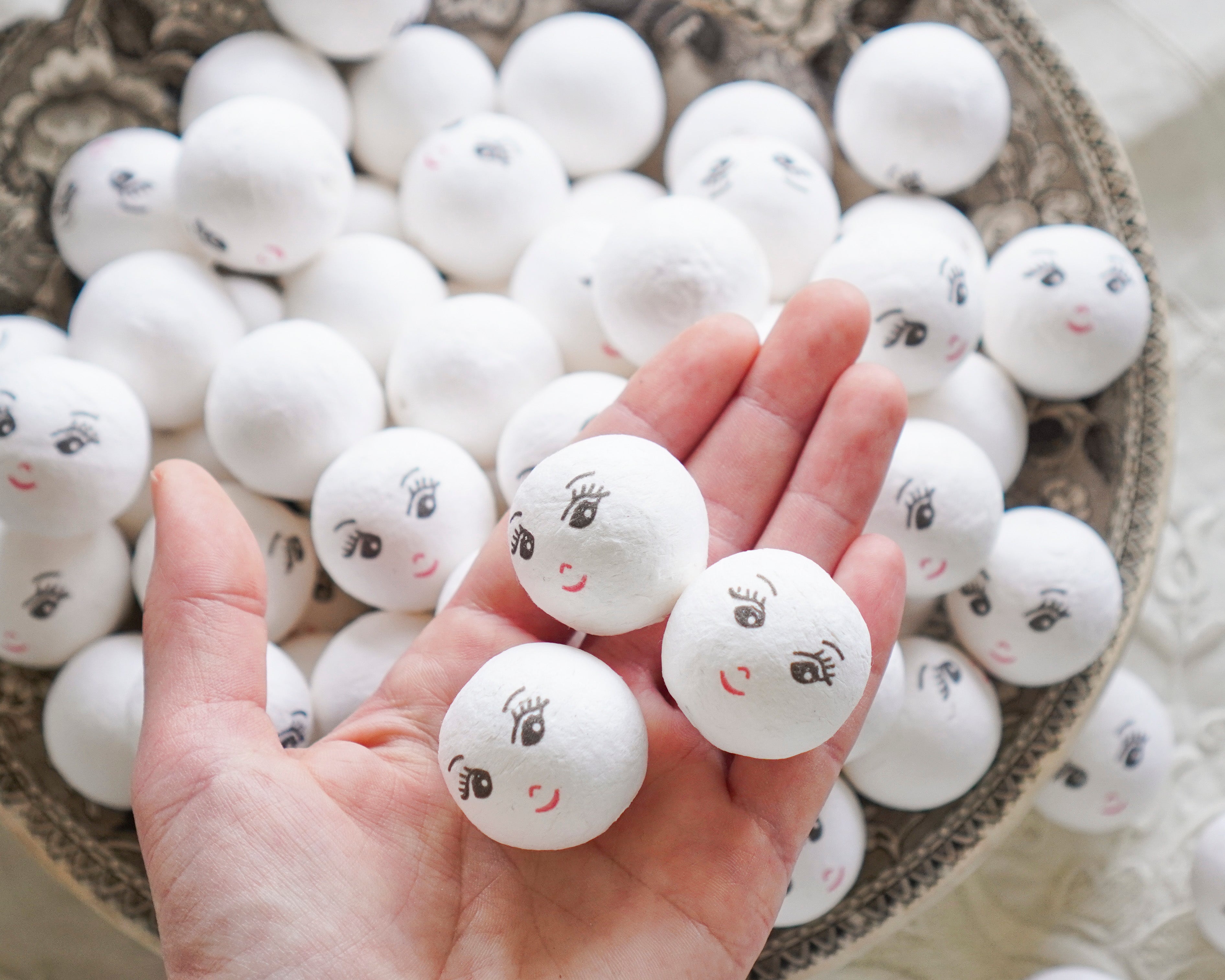 Spun Cotton Heads: CHARM - 30mm Vintage-Style Cotton Doll Heads with Faces, 12 Pcs.