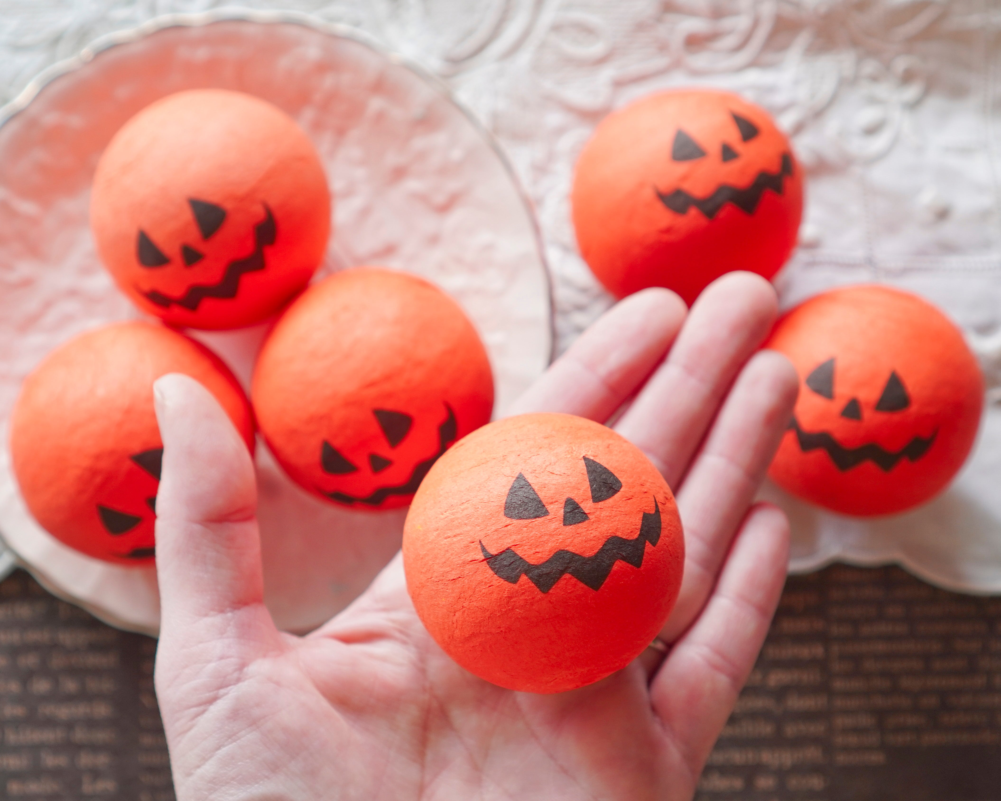 Jumbo Spun Cotton Heads: SPOOKY PUMPKIN - 50mm Vintage Style Jack o' Lantern Heads, 6 Pcs.