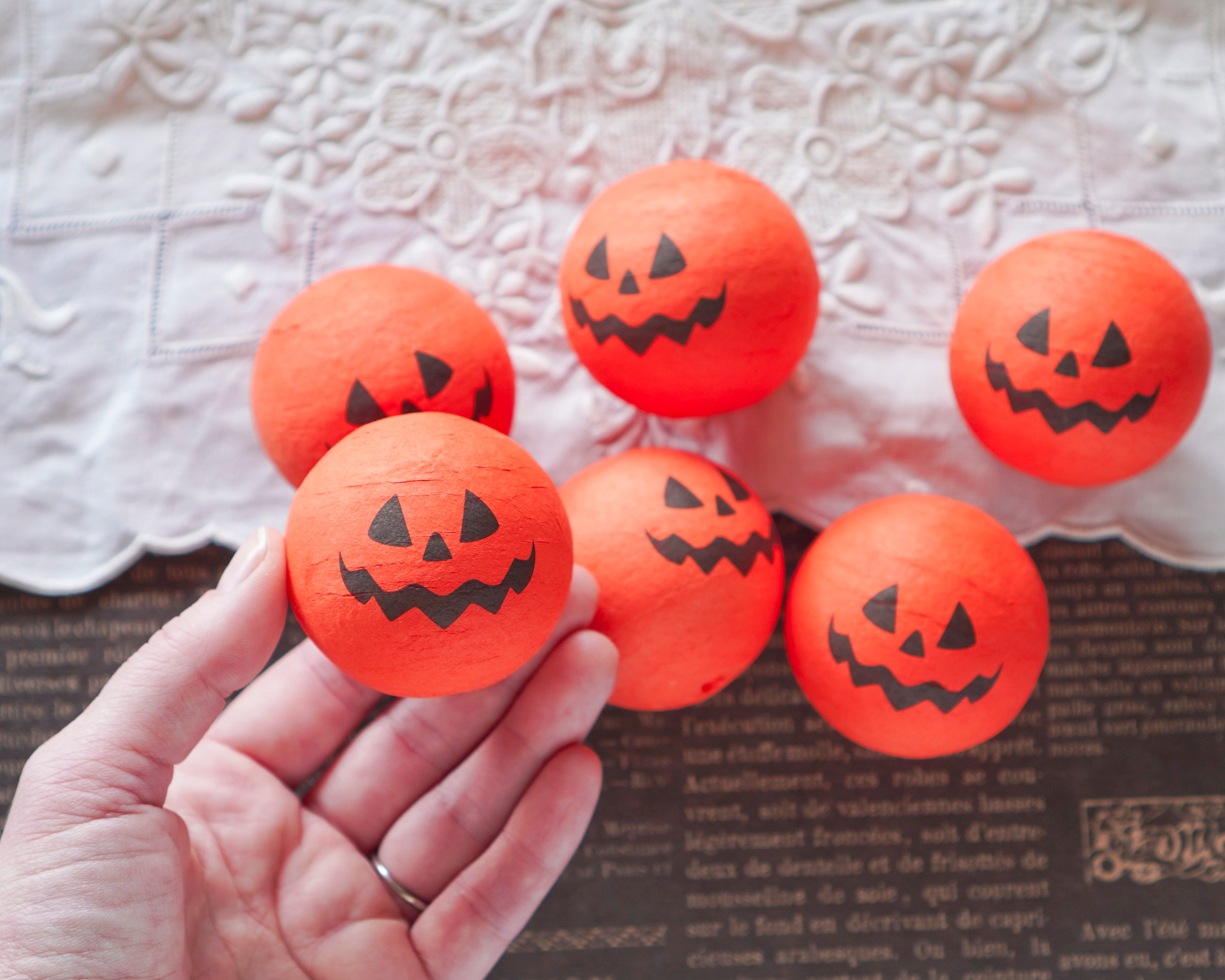 Jumbo Spun Cotton Heads: SPOOKY PUMPKIN - 50mm Vintage Style Jack o' Lantern Heads, 6 Pcs.