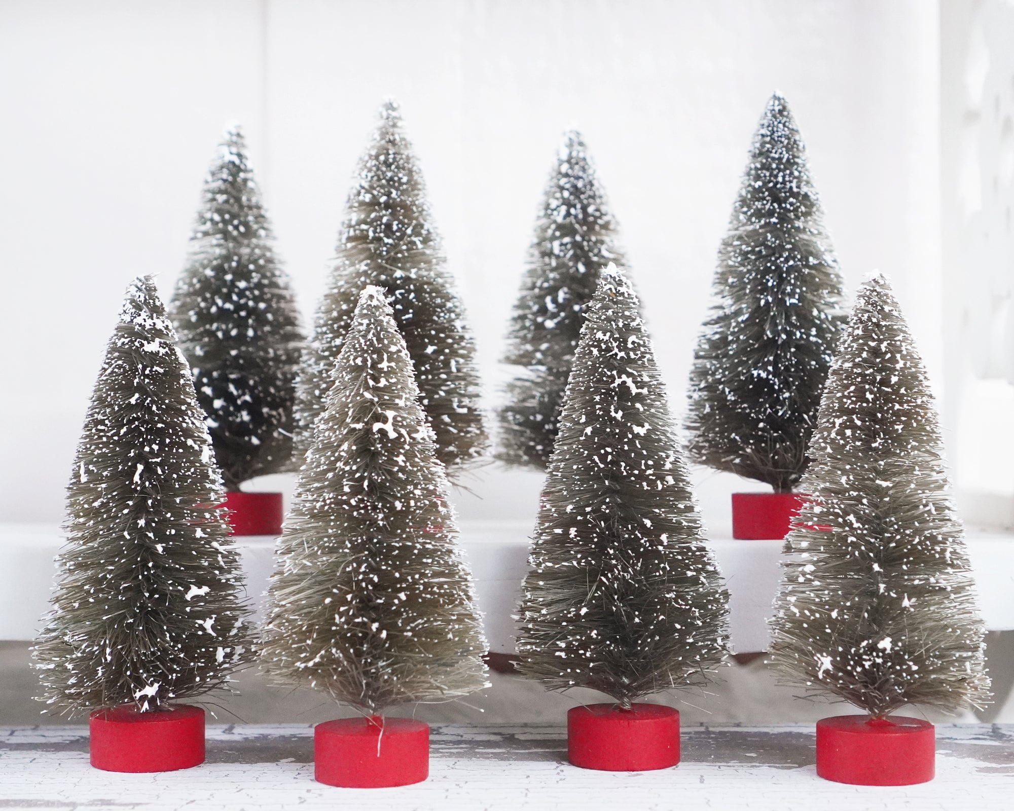 Christmas Village Bottle Brush Trees - 4-Inch Antique Style Frosted Sisal Trees, 8 Pcs.