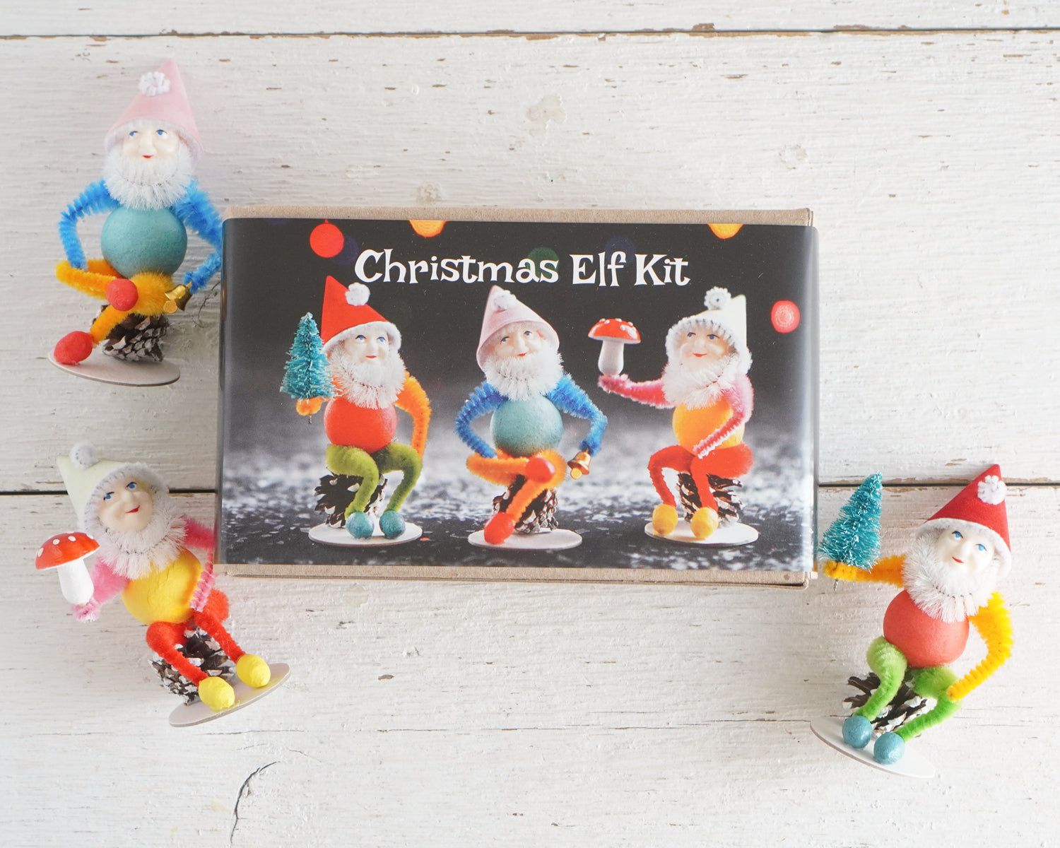 Christmas Elf Craft Kit - DIY Retro Spun Cotton and Pine Cone Elves
