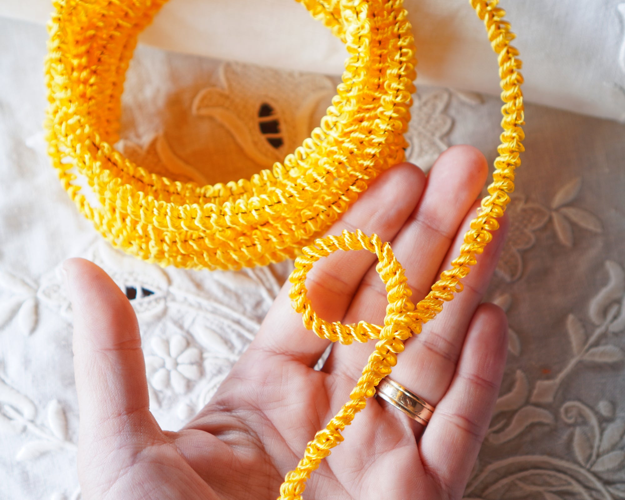 Curly Chenille - Vintage Golden Yellow Loopy Angel Hair Wired Trim, 3 Yds.