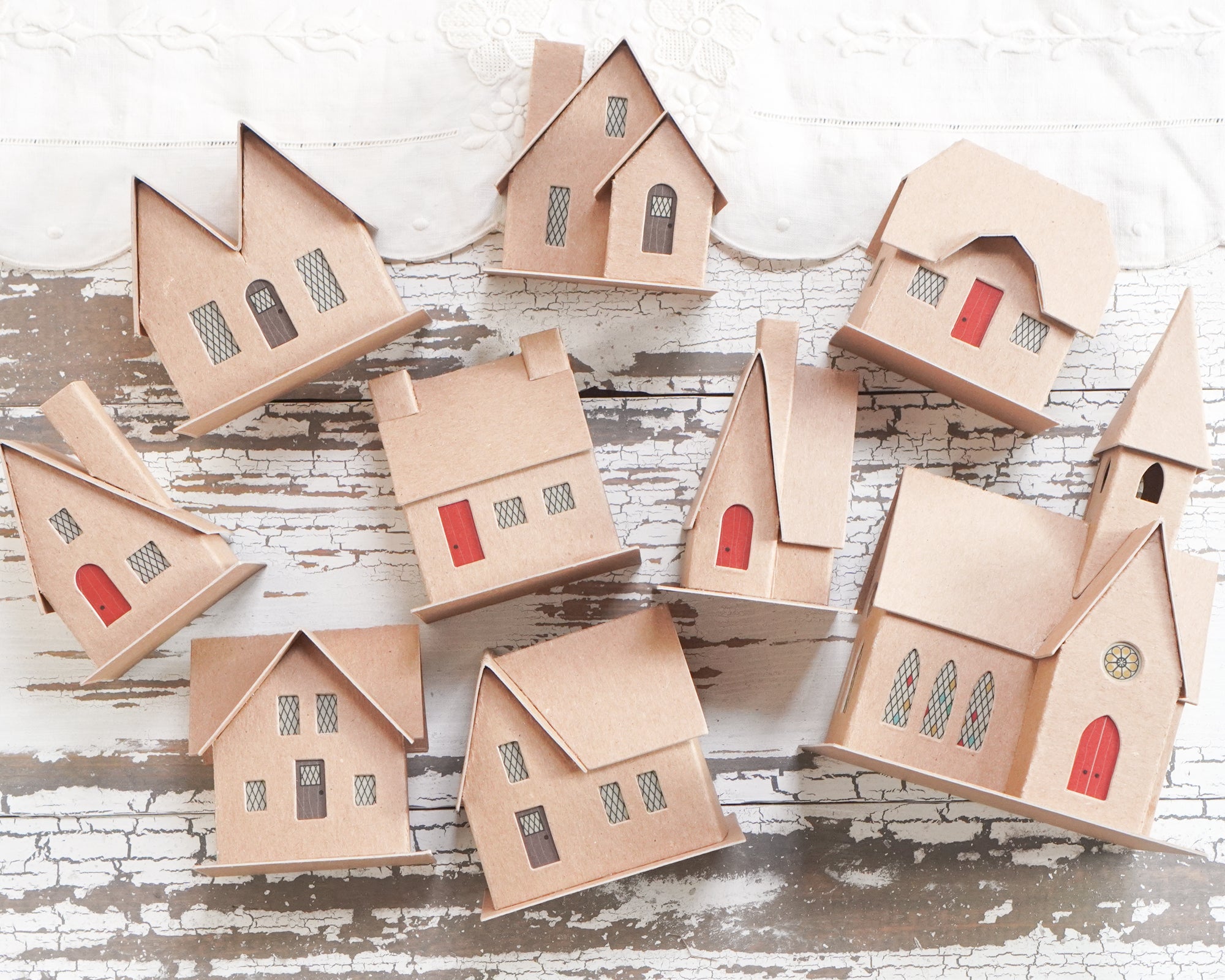 DIY Christmas Village Kit 8 Flat Pack Putz Houses with Church Included