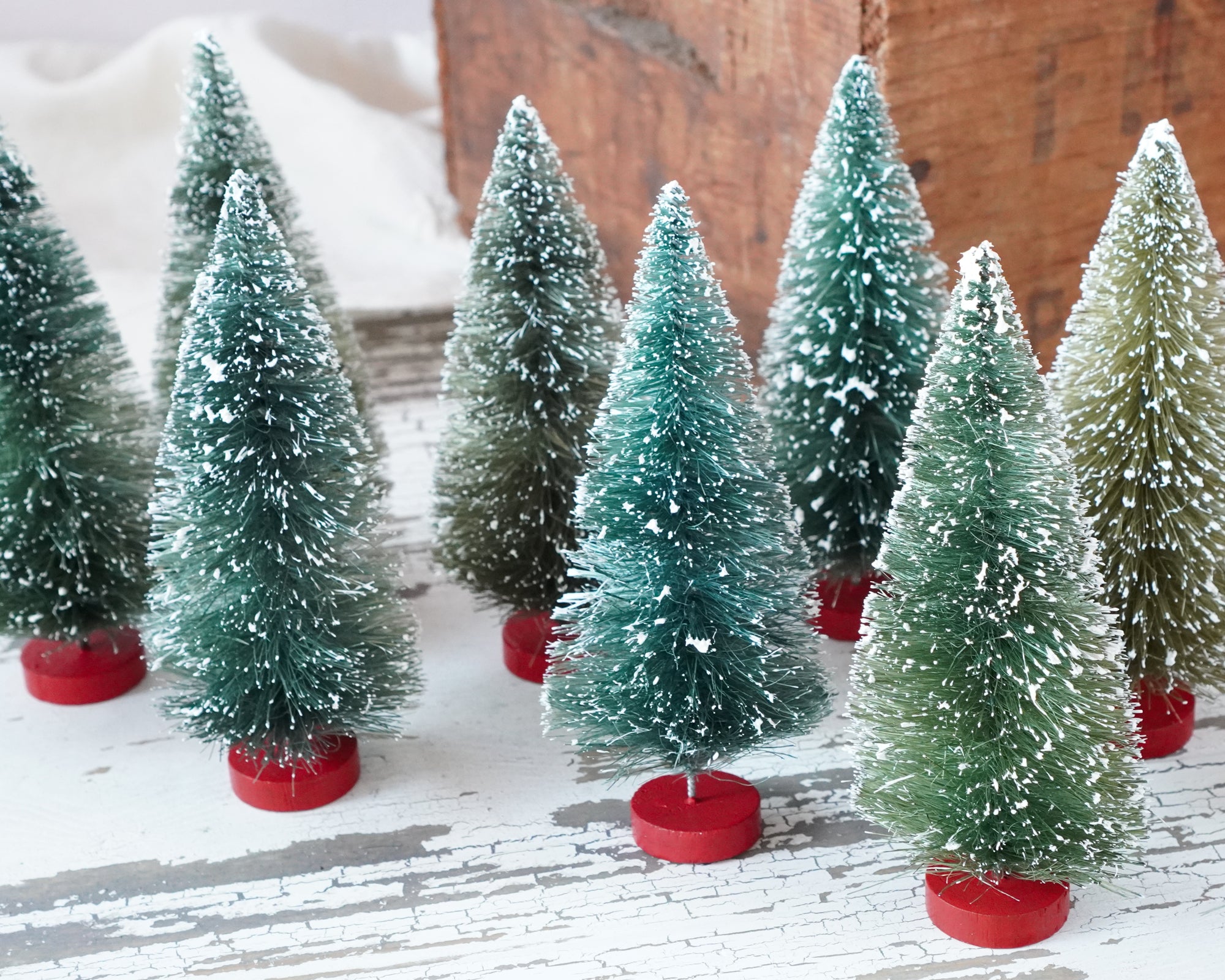 Bottle Brush Tree Forest - 5.5-6 Inch Antique Style Frosted Sisal Christmas Trees, 8 Pcs.