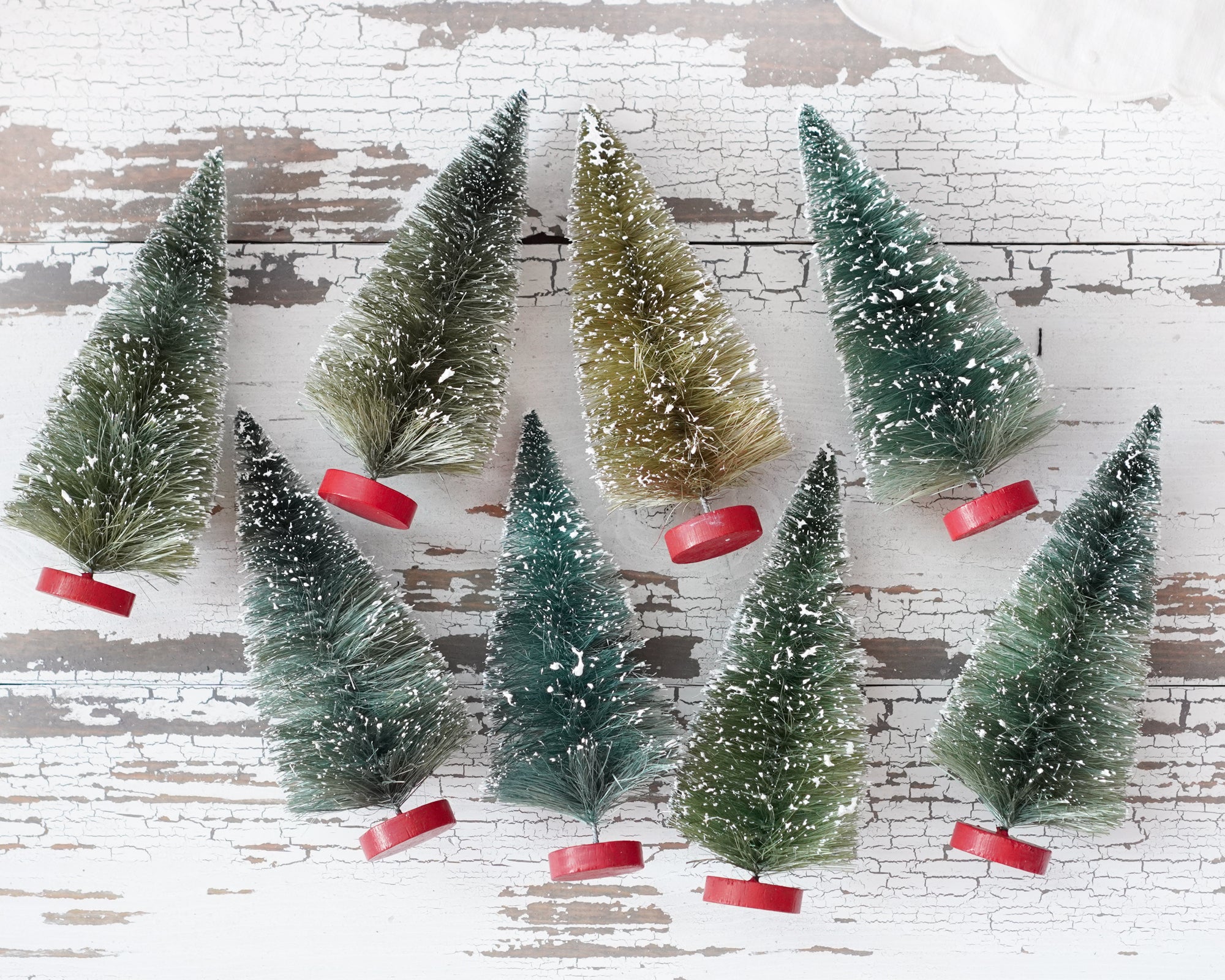 Bottle Brush Tree Forest - 5.5-6 Inch Antique Style Frosted Sisal Christmas Trees, 8 Pcs.