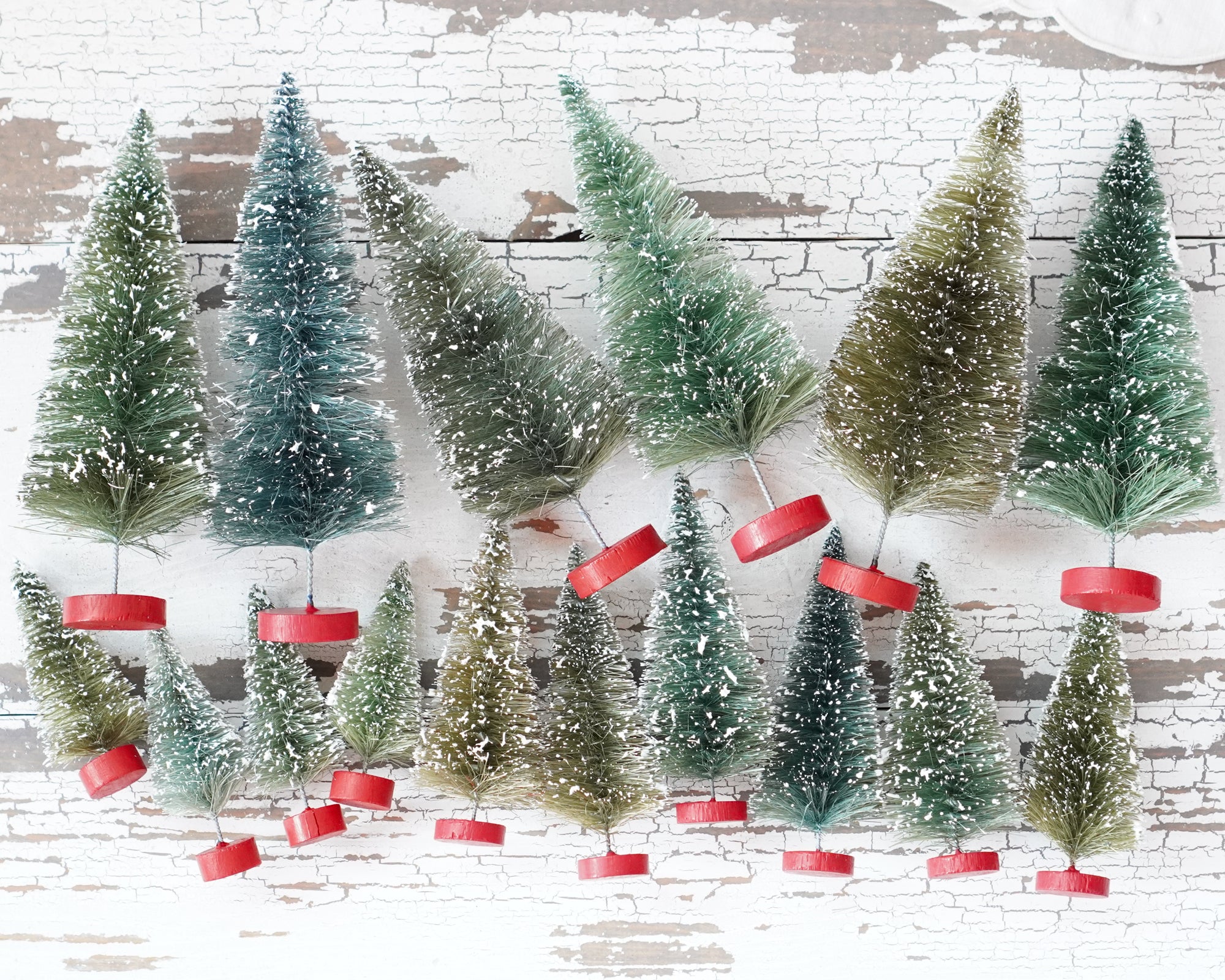 Mixed Size Bottle Brush Tree Set - 2.5-6 Inch Antique Style Frosted Sisal Christmas Trees, 16 Pcs.