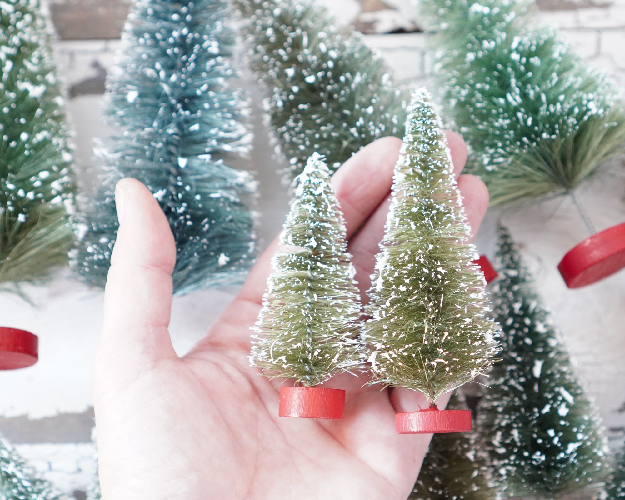 Mixed Size Bottle Brush Tree Set - 2.5-6 Inch Antique Style Frosted Sisal Christmas Trees, 16 Pcs.