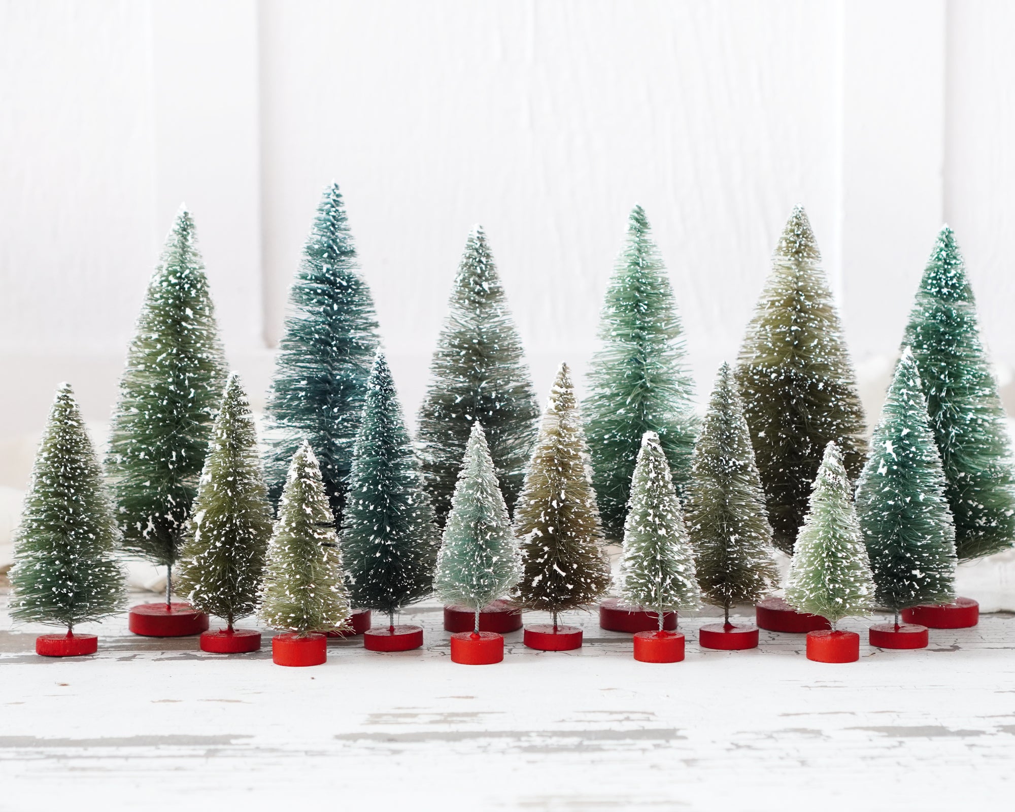 Mixed Size Bottle Brush Tree Set - 2.5-6 Inch Antique Style Frosted Sisal Christmas Trees, 16 Pcs.