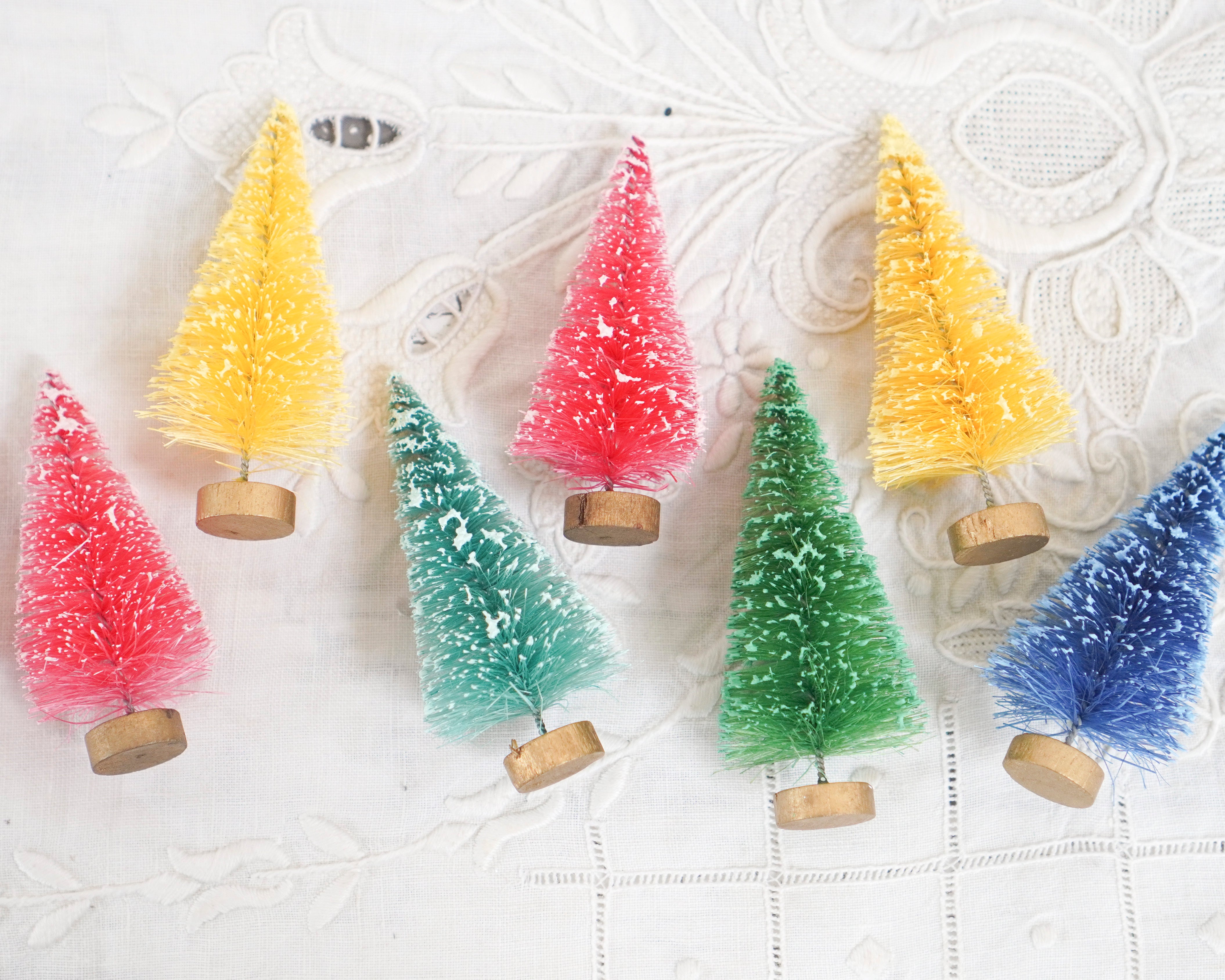 Miniature Frosted Rainbow Candy Colored Bottle Brush Trees, 7 Pcs.