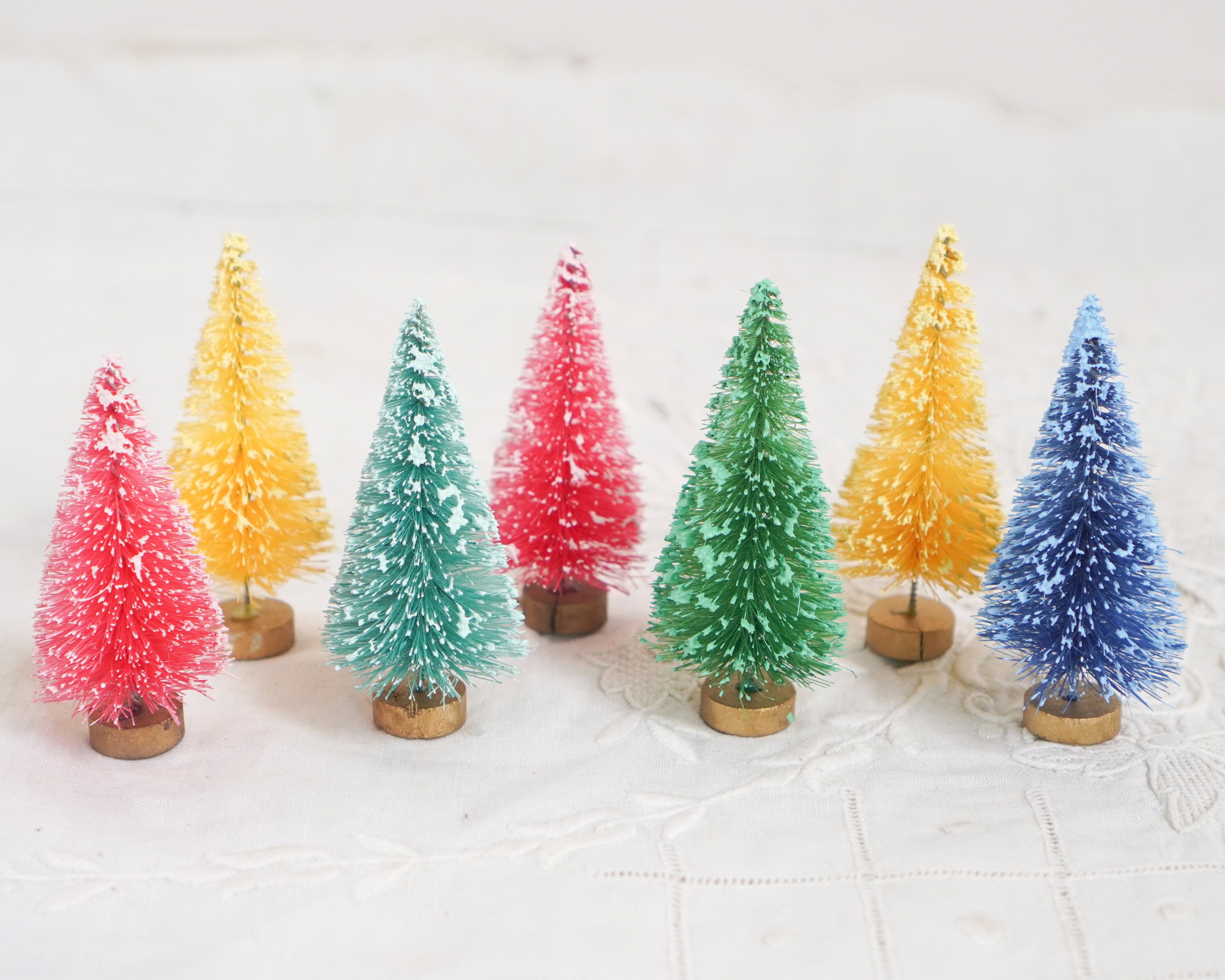Miniature Frosted Rainbow Candy Colored Bottle Brush Trees, 7 Pcs.