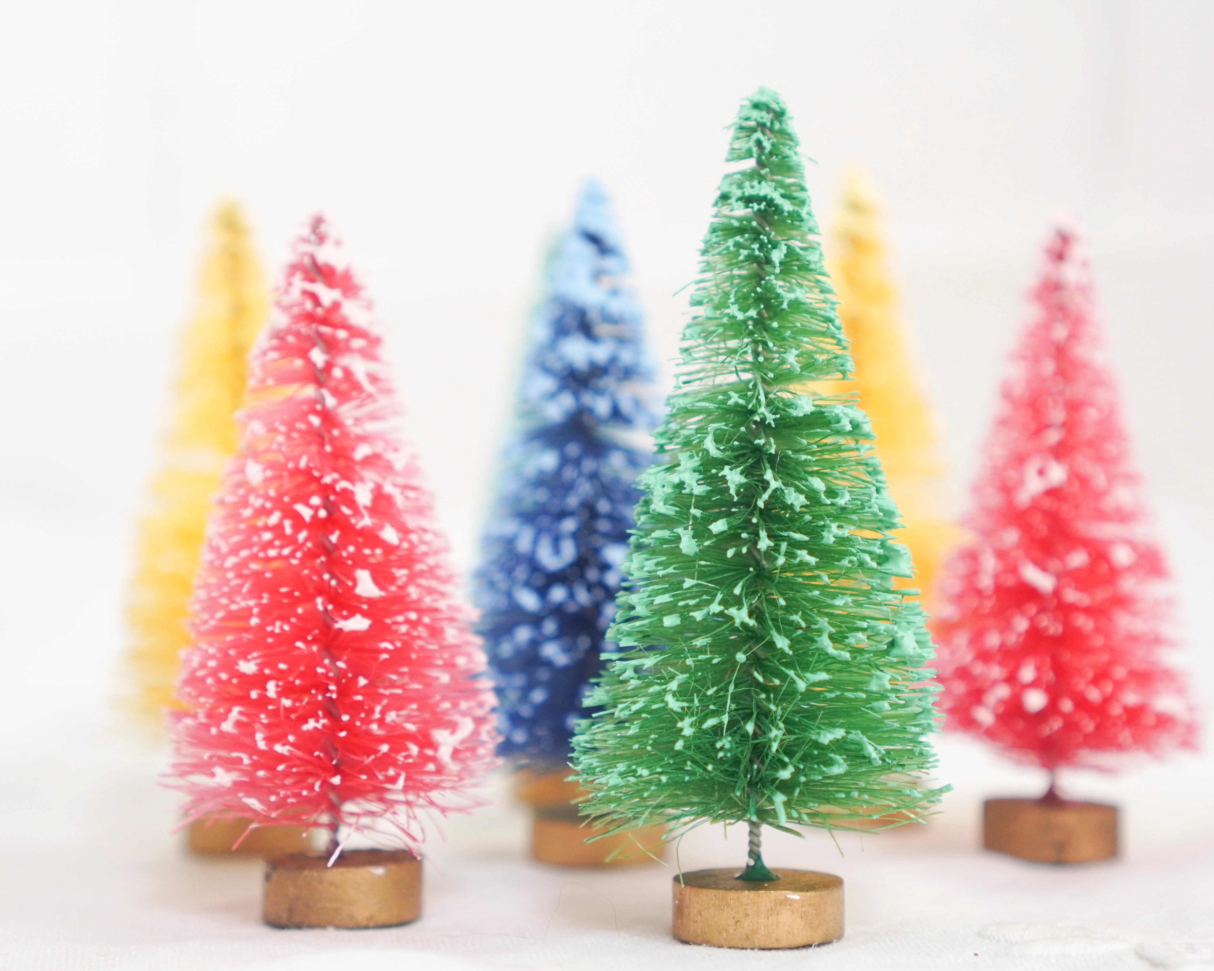 Miniature Frosted Rainbow Candy Colored Bottle Brush Trees, 7 Pcs.