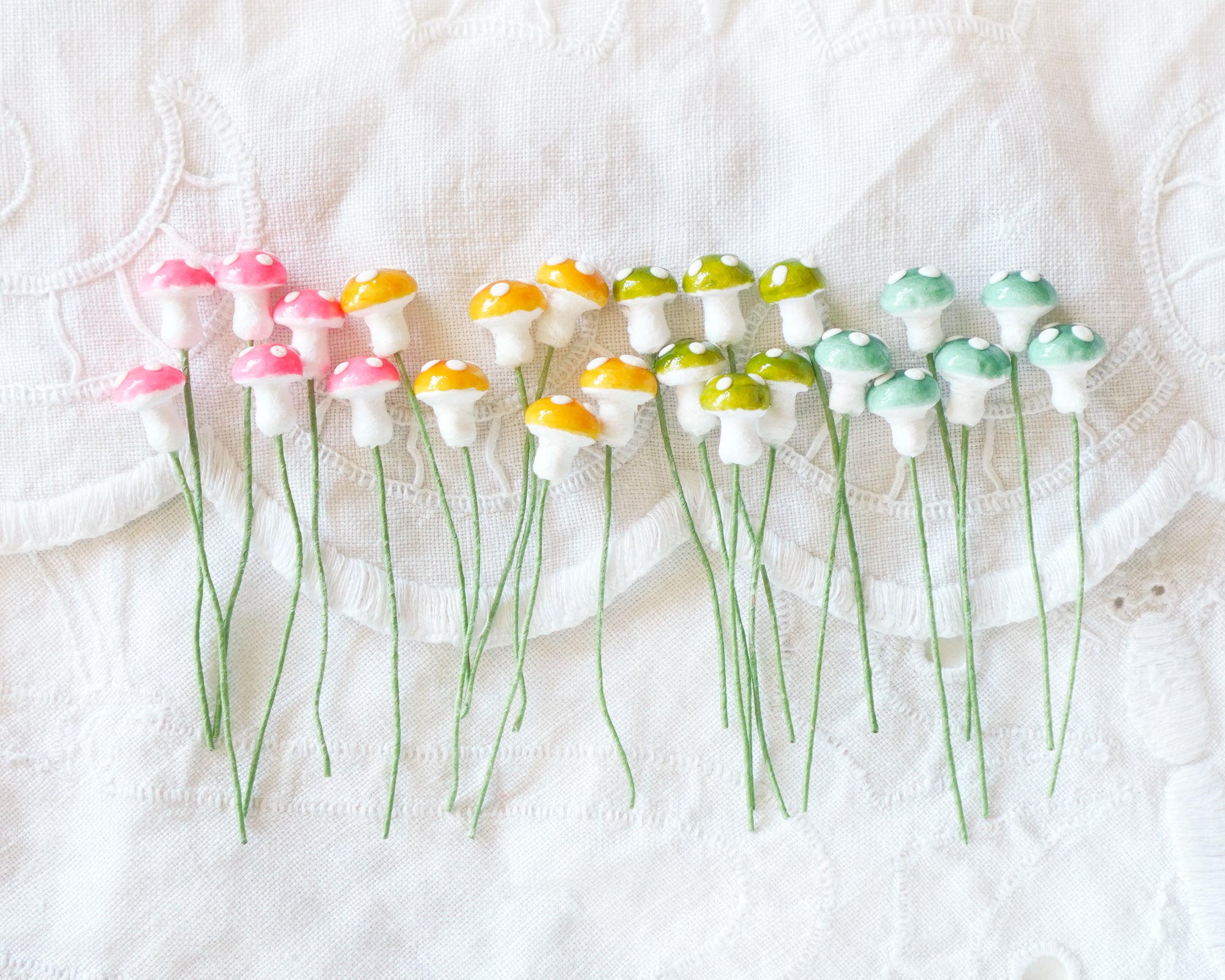 Mini German Spun Cotton Mushrooms - Mixed Spring Colors, 24 Pcs.