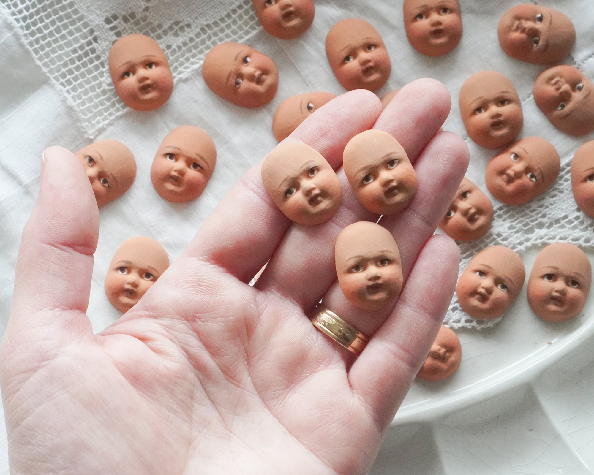 Miniature Doll Faces for Spun Cotton Crafts - Antique Style Brown, 3 Pcs.