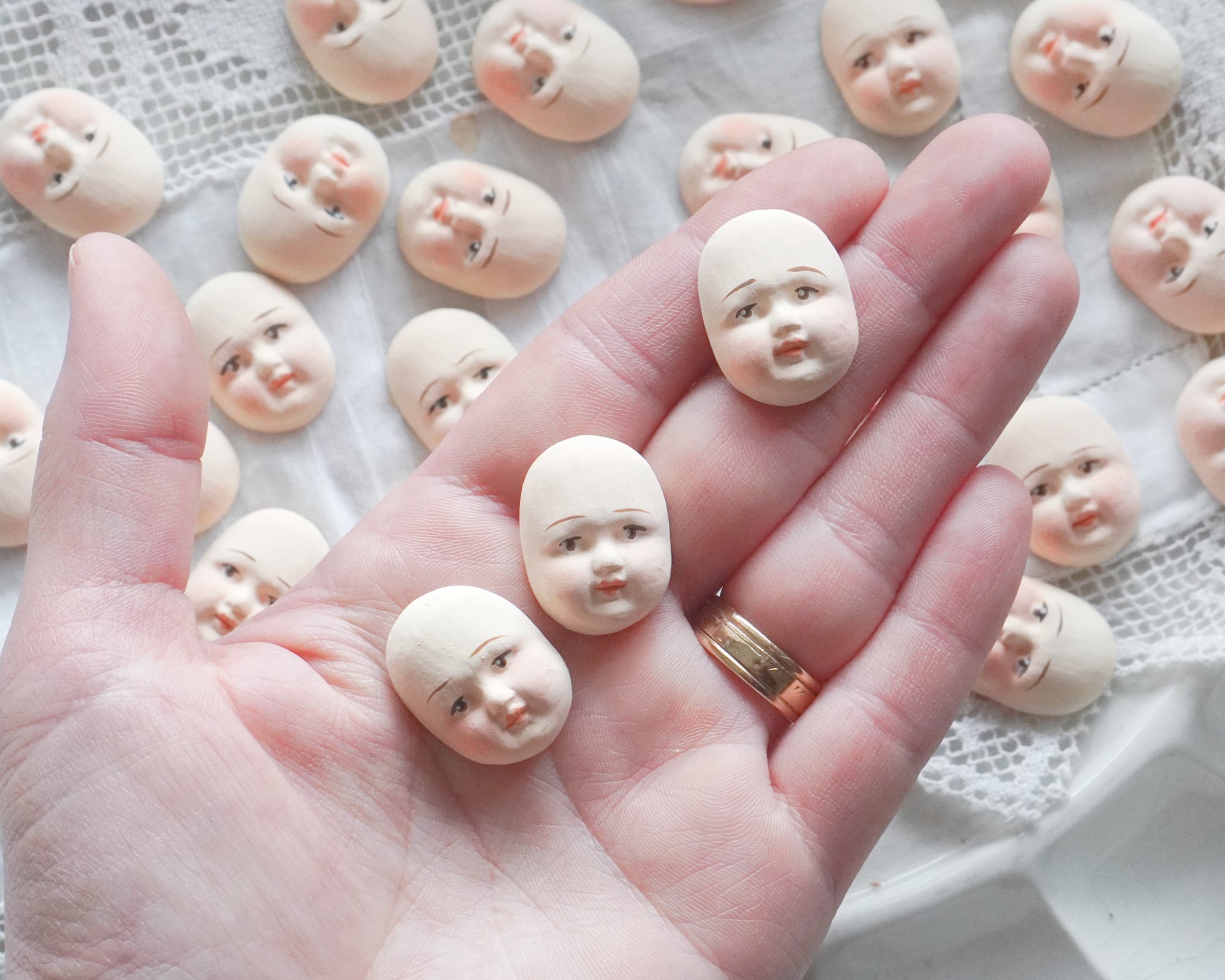 Miniature Doll Faces for Spun Cotton Crafts - Antique Style Cream, 3 Pcs.