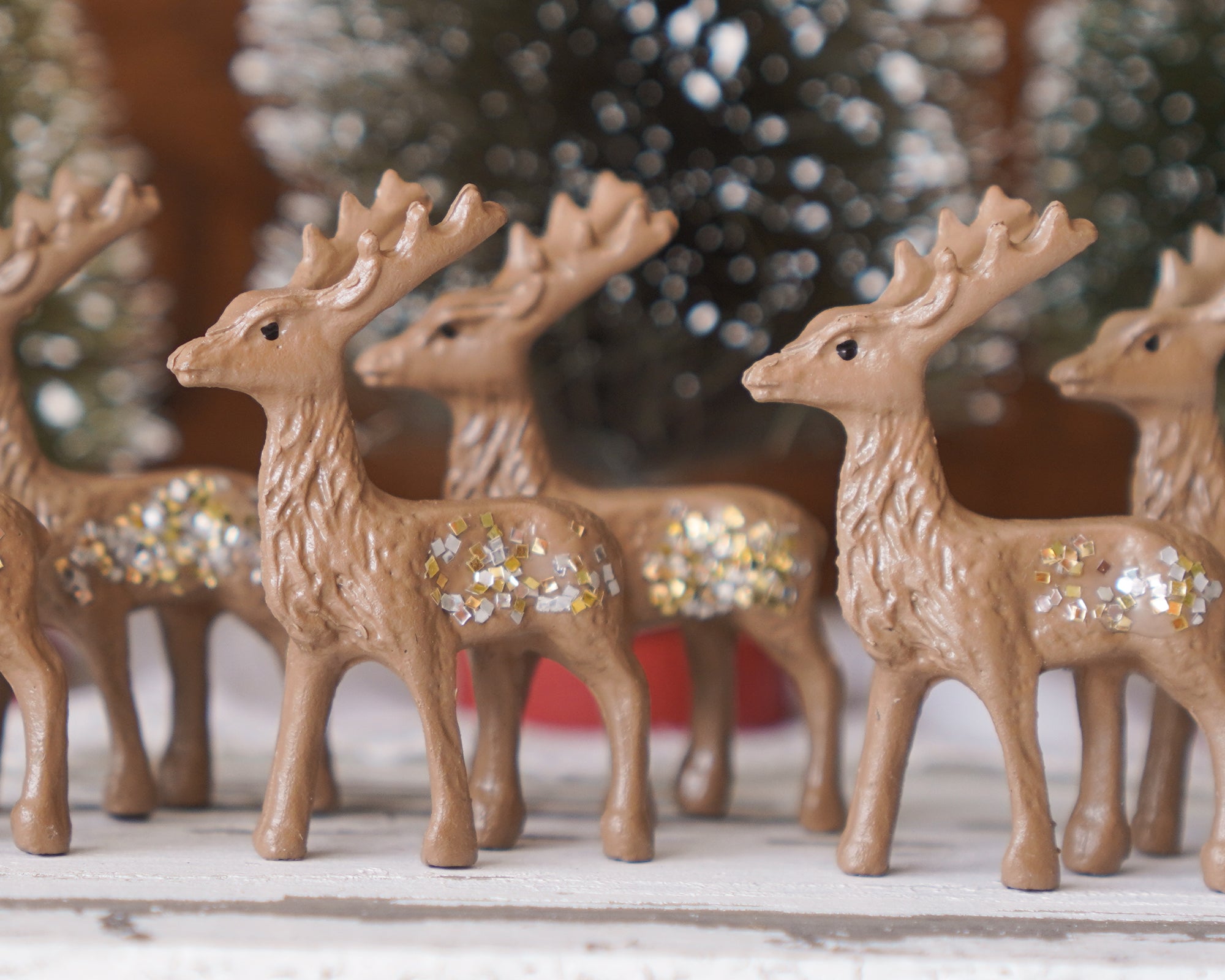 Miniature Deer - 6 Brown Plastic Reindeer Figurines with Glitter