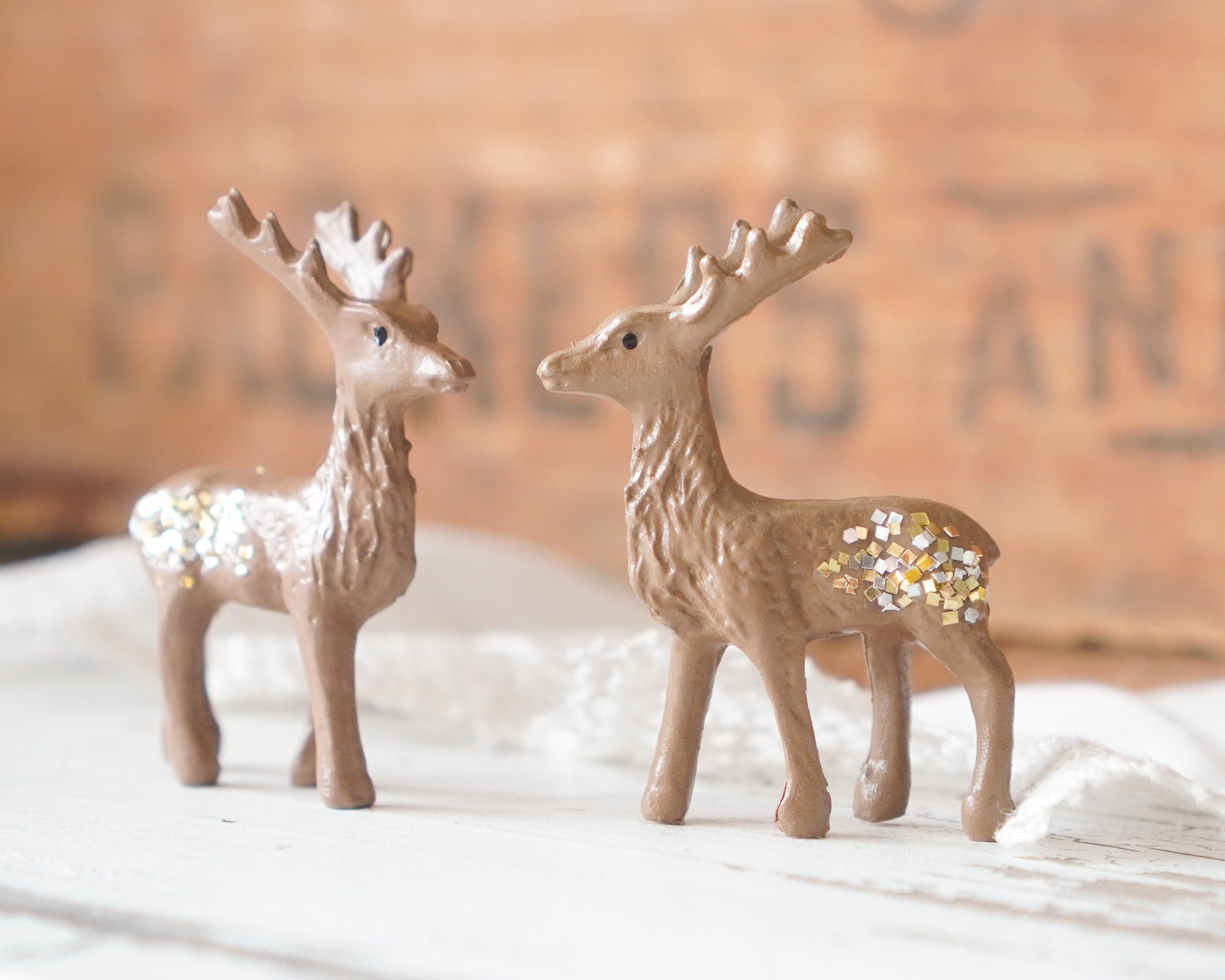 Miniature Deer - 6 Brown Plastic Reindeer Figurines with Glitter