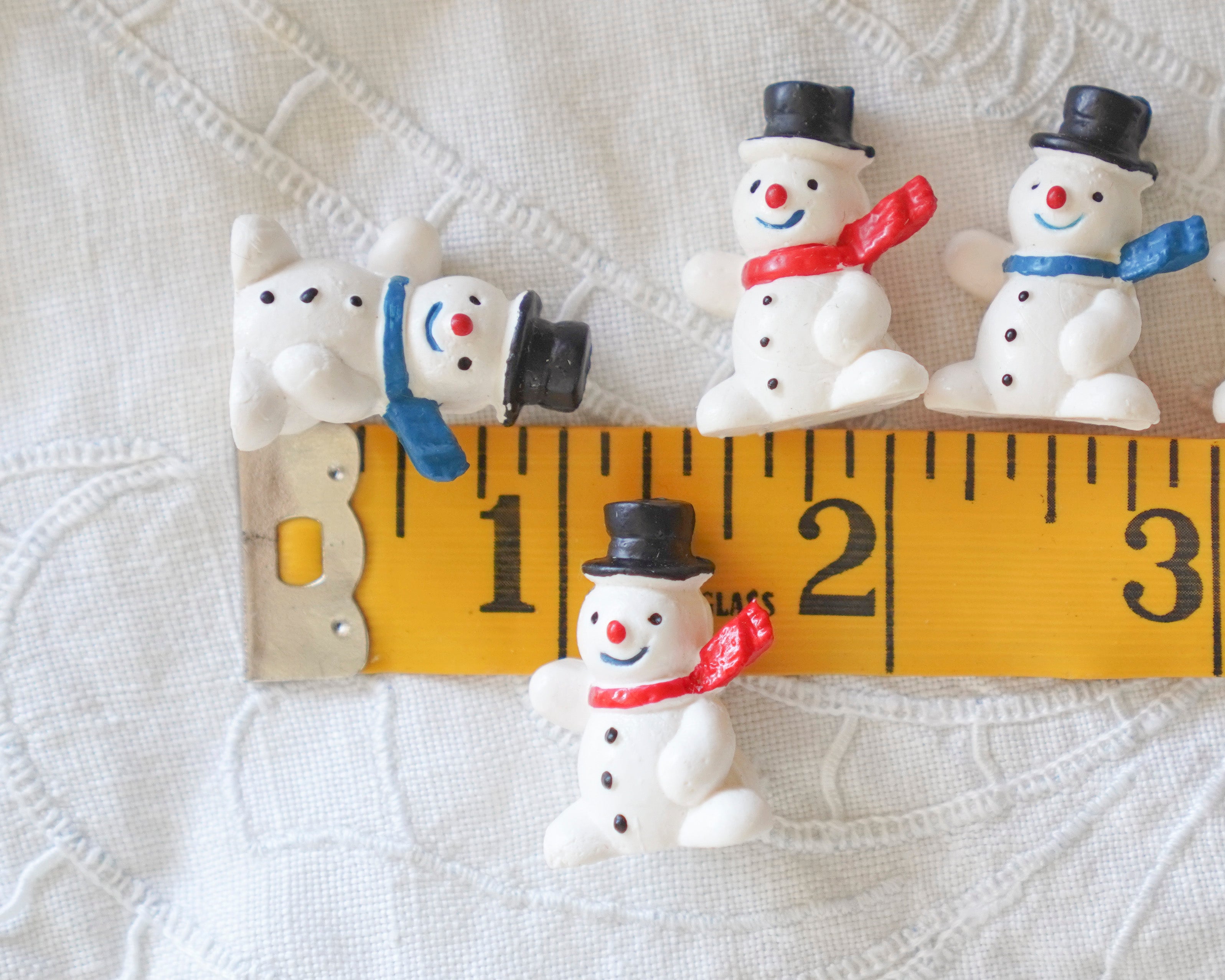 German Miniature Snowman Figurines with Red and Blue Scarves