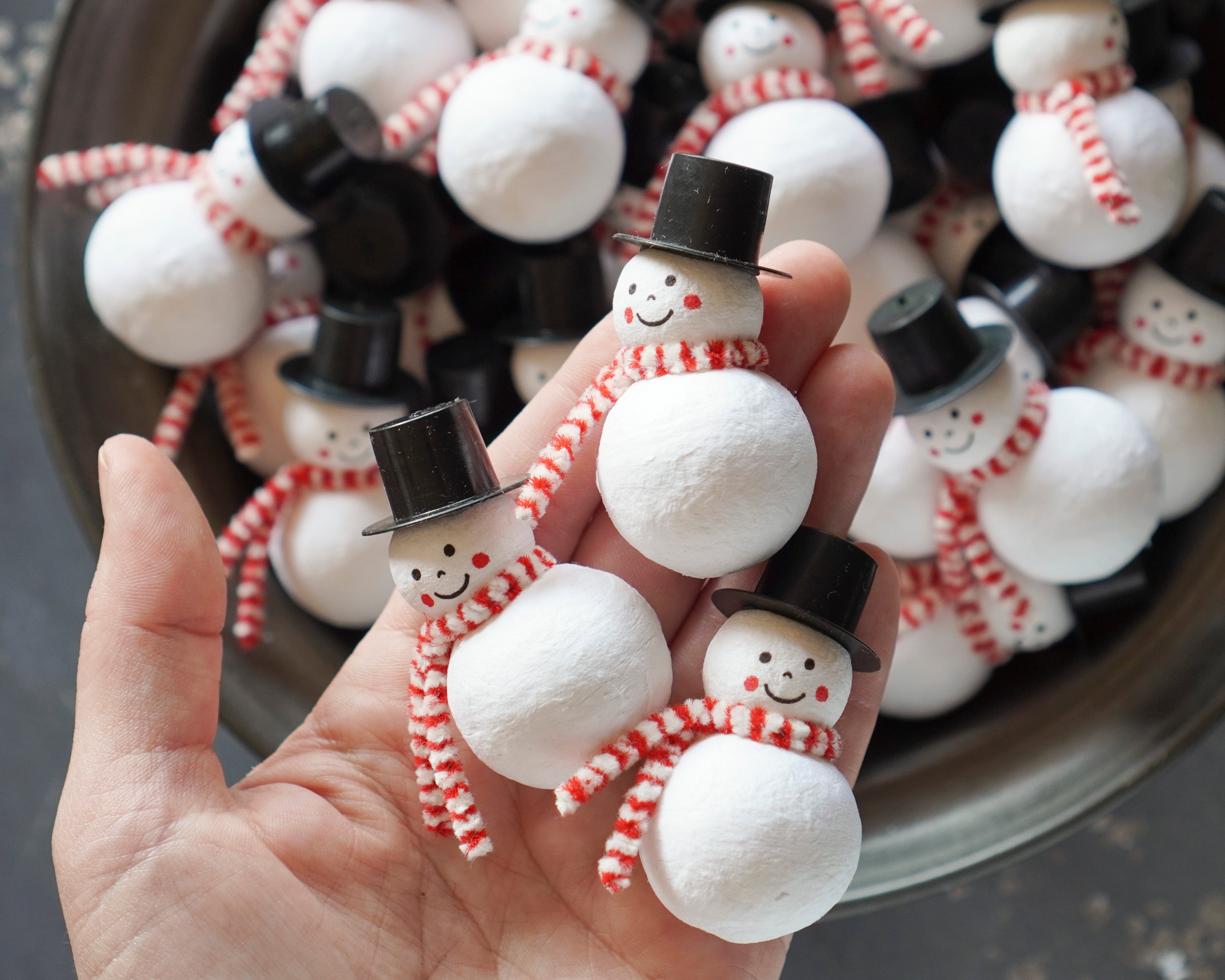 Spun Cotton Snowmen - Set of 3 Miniature Snowman Christmas Figurines