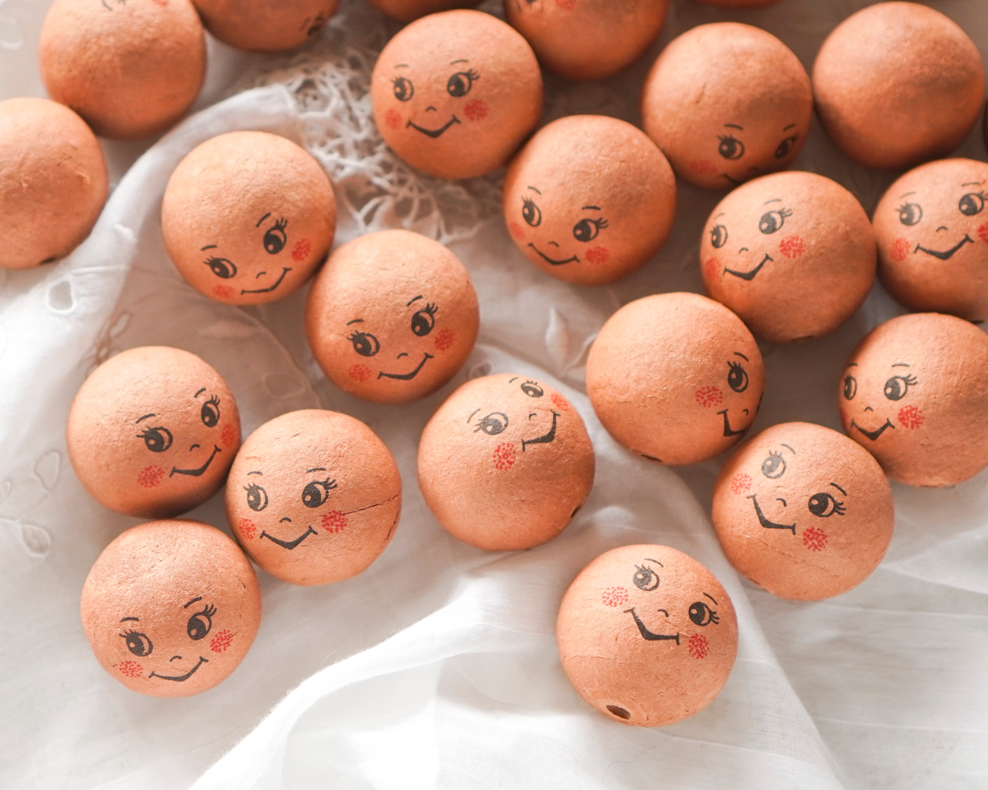 30mm Spun Cotton Heads: PIXIE - Brown Vintage-Style Elf Heads with Faces, 12 Pcs.