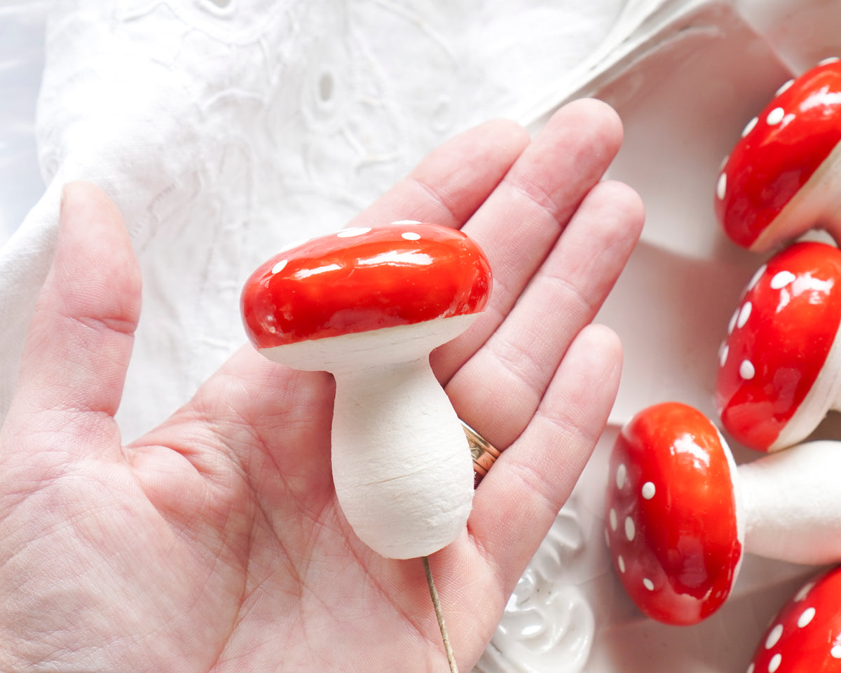 Large Mushroom Picks - Spun Cotton Toadstools, 60mm x 45mm, 6 Pcs.
