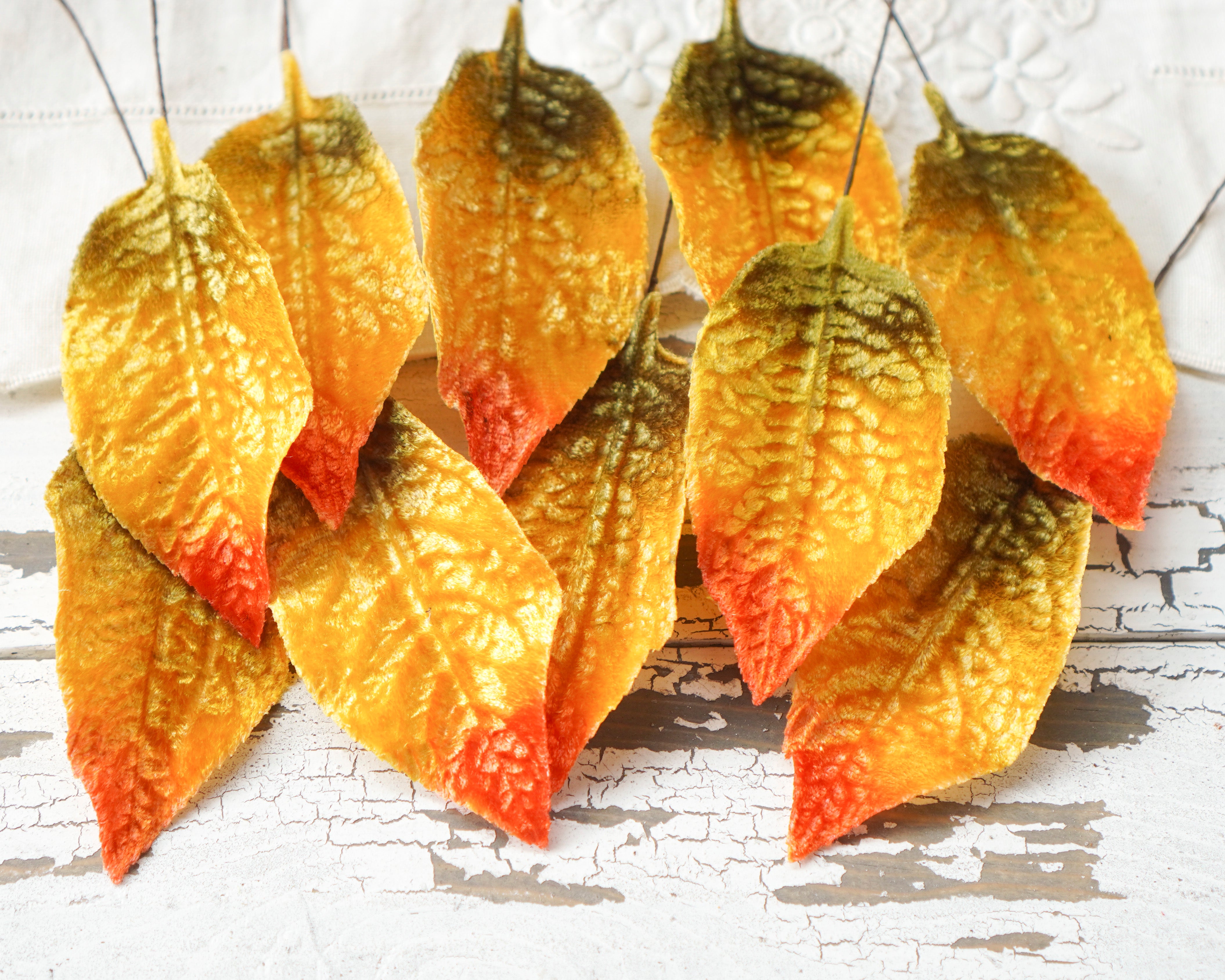 Velvet Leaves - Variegated Golden Autumn Craft Leaf Stems, 10 Pcs.