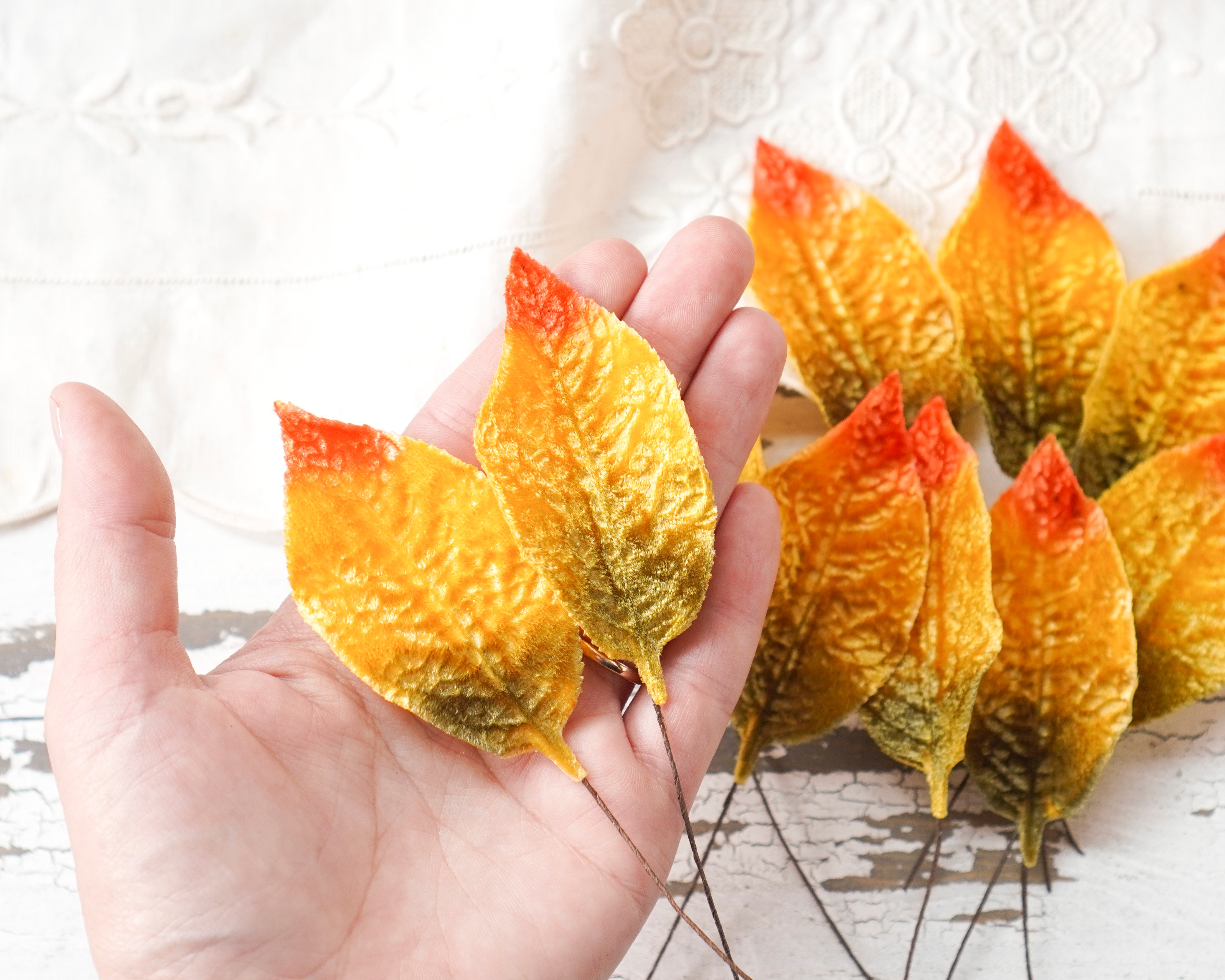 Velvet Leaves - Variegated Golden Autumn Craft Leaf Stems, 10 Pcs.