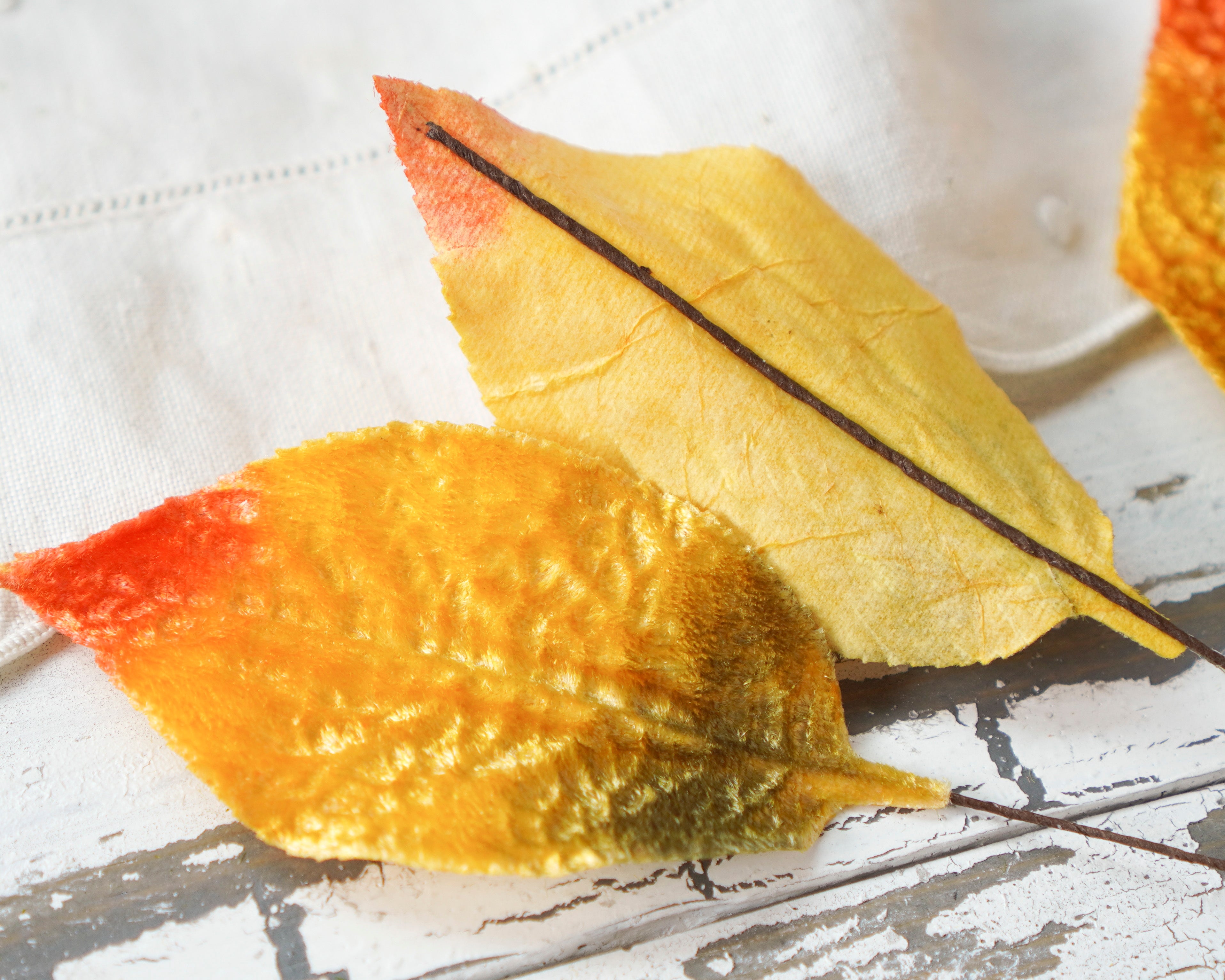 Velvet Leaves - Variegated Golden Autumn Craft Leaf Stems, 10 Pcs.