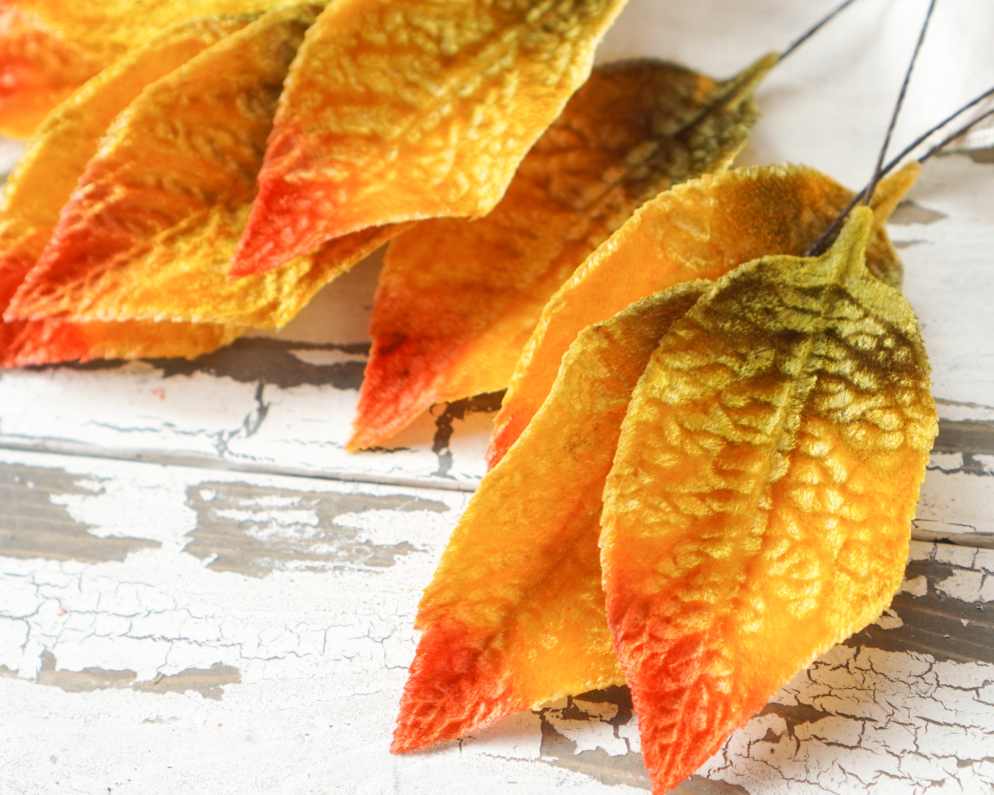 Velvet Leaves - Variegated Golden Autumn Craft Leaf Stems, 10 Pcs.