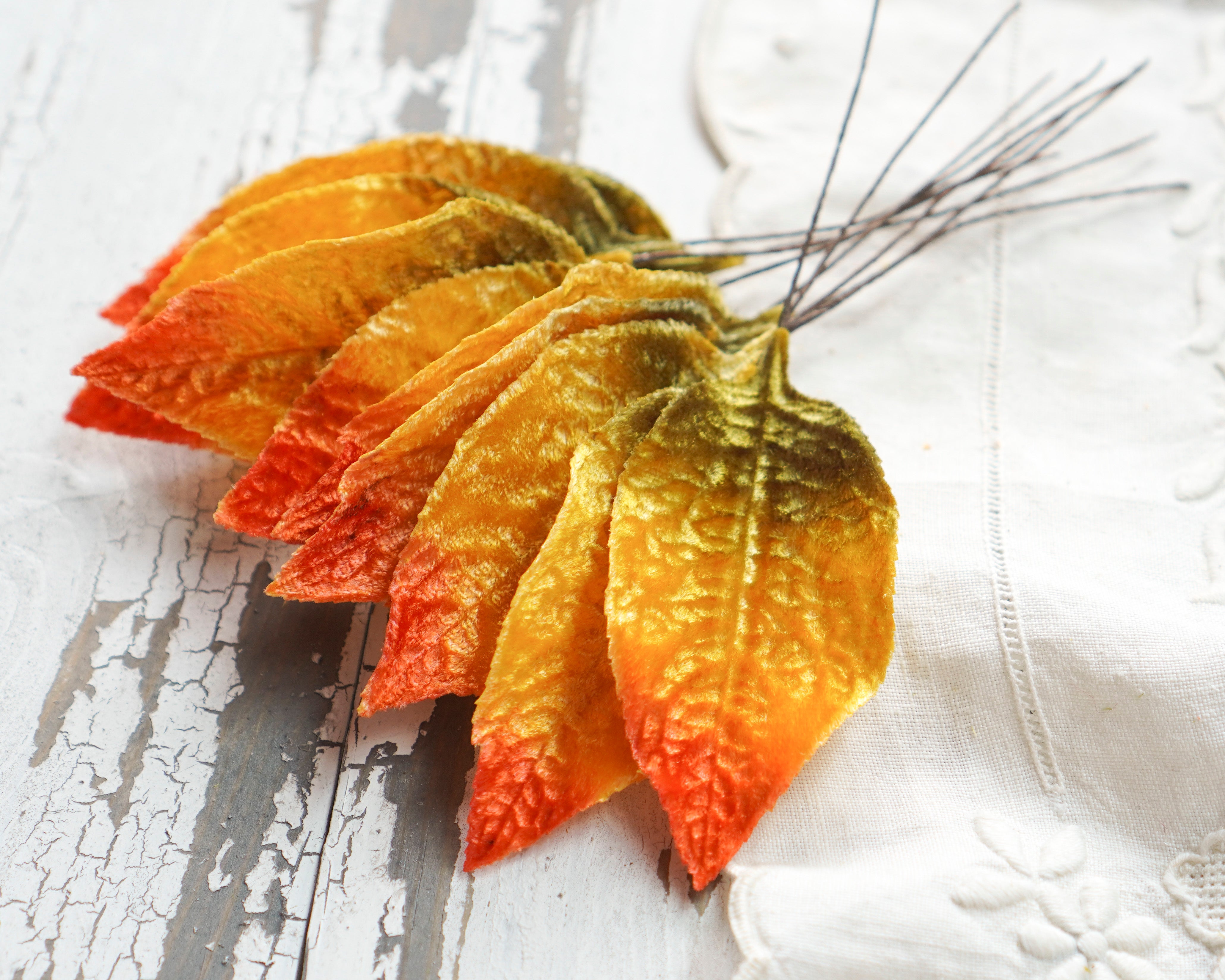Velvet Leaves - Variegated Golden Autumn Craft Leaf Stems, 10 Pcs.