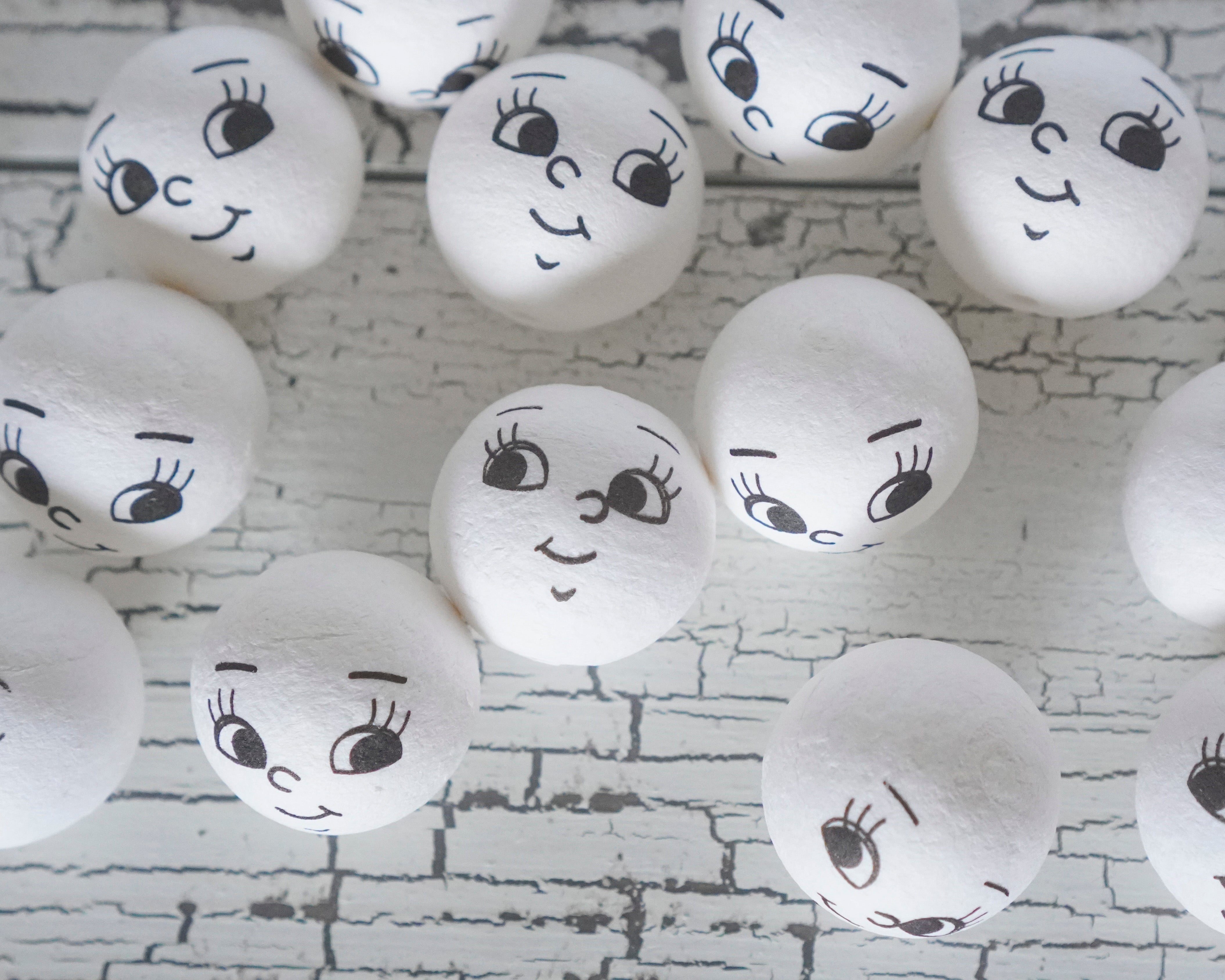 30mm Spun Cotton Heads: BRIGHT EYES - Vintage-Style Craft Heads with Faces, 12 Pcs.