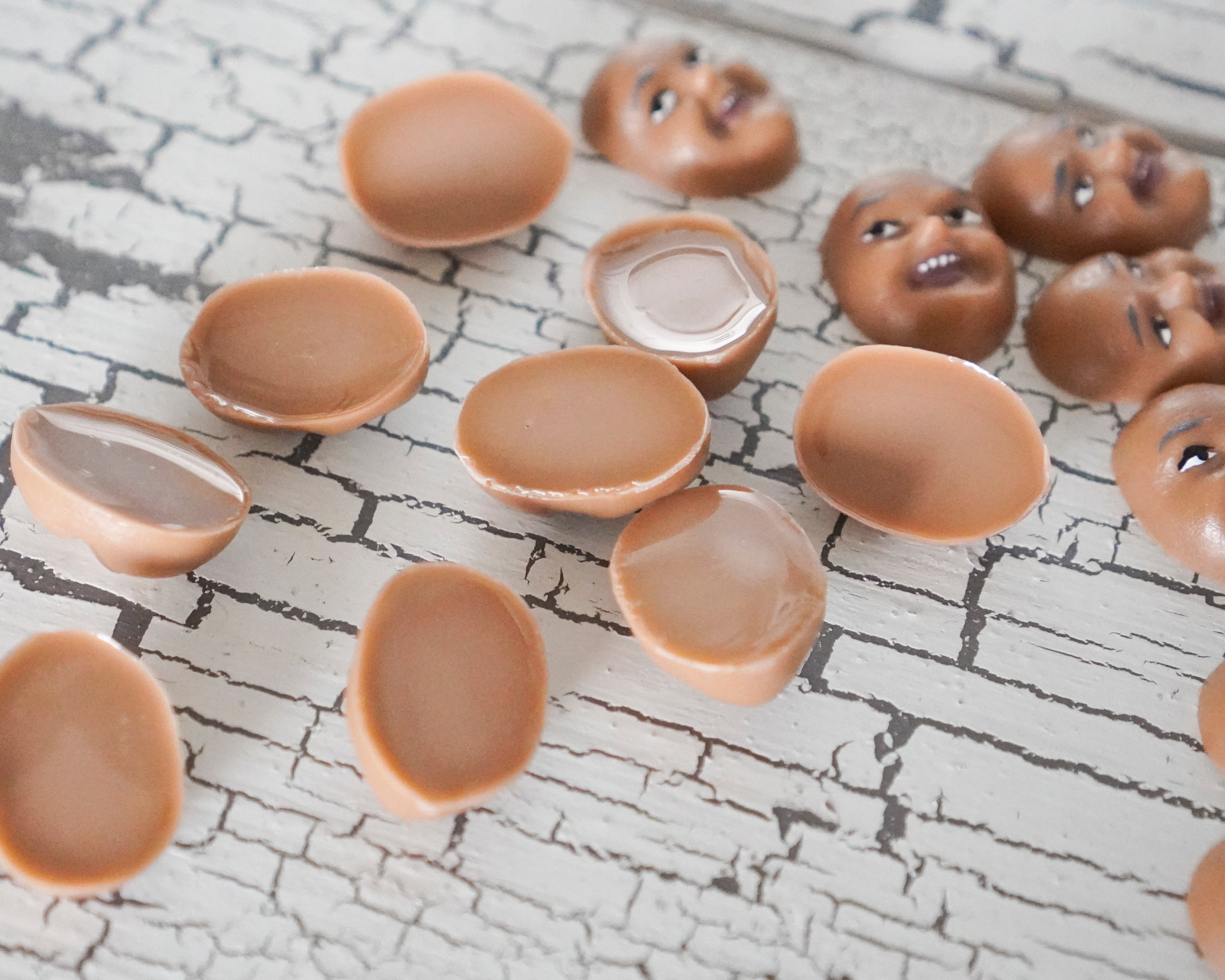 Singing Elf Faces, Brown - Miniature Plastic Face Cabochons for Crafts, 12 Pcs.