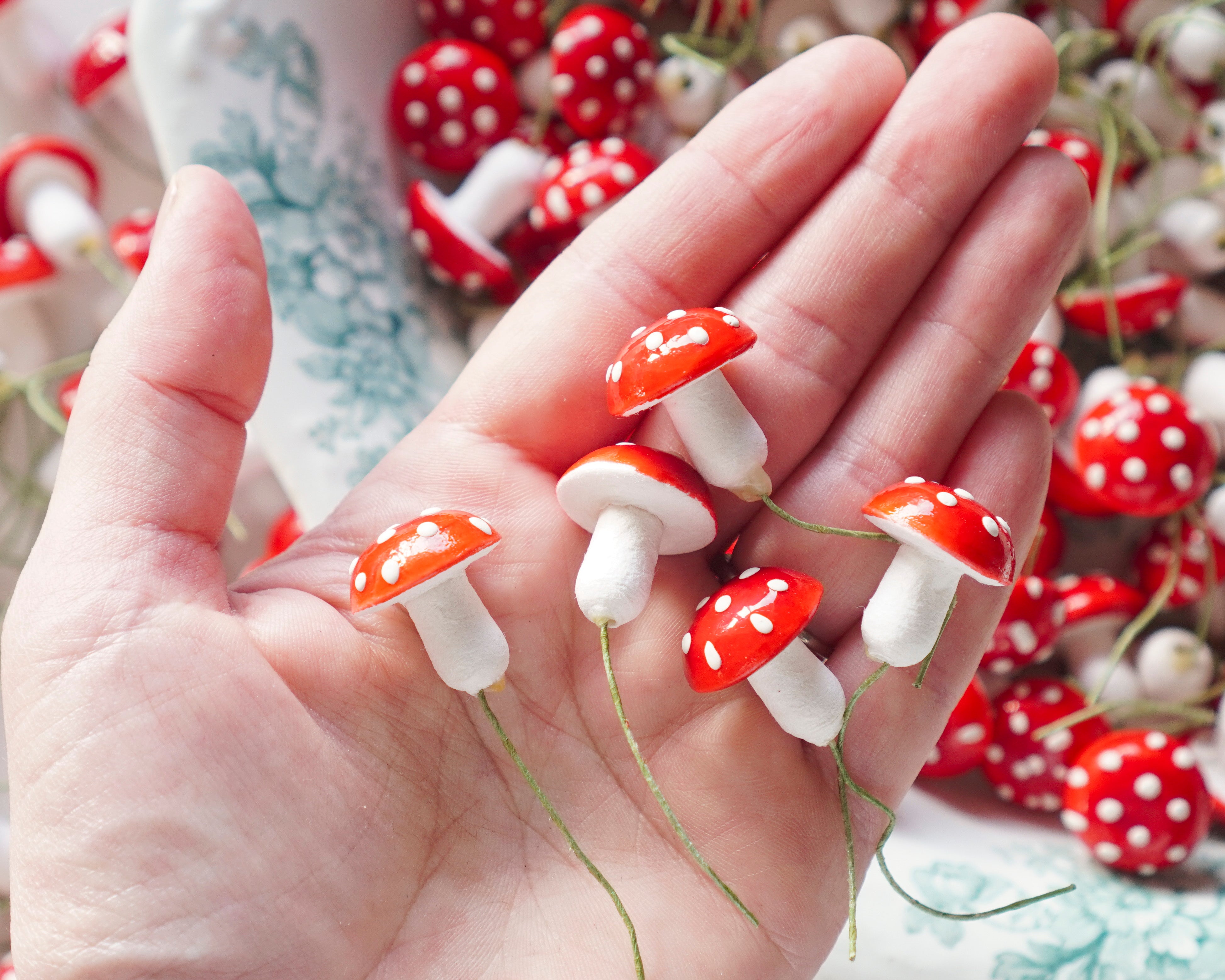 Bulk Spun Cotton Mushrooms - 18mm German Tie-On Toadstools, 100 Pcs.