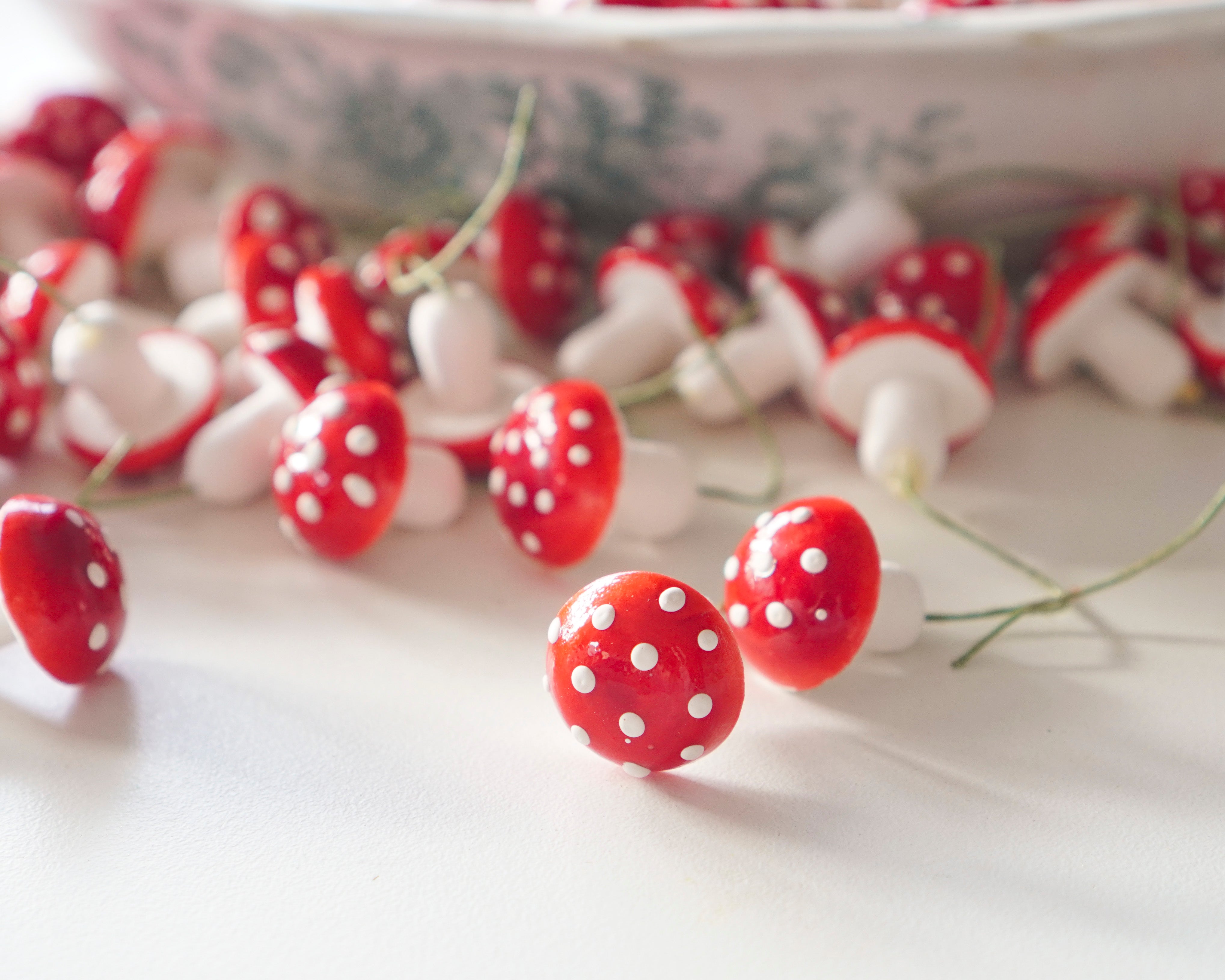 Bulk Spun Cotton Mushrooms - 18mm German Tie-On Toadstools, 100 Pcs.