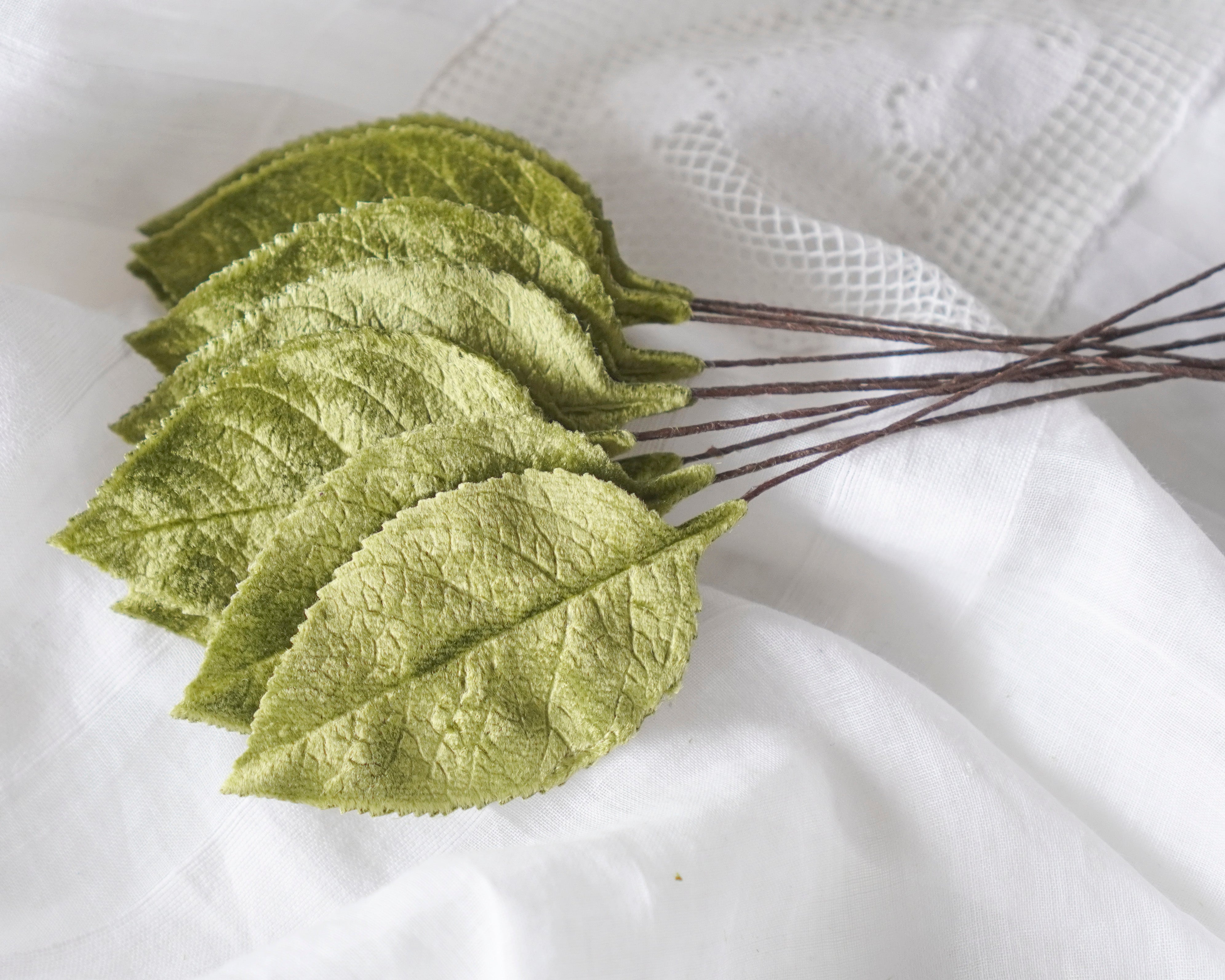 Green velvet craft leaves on a white fabric background