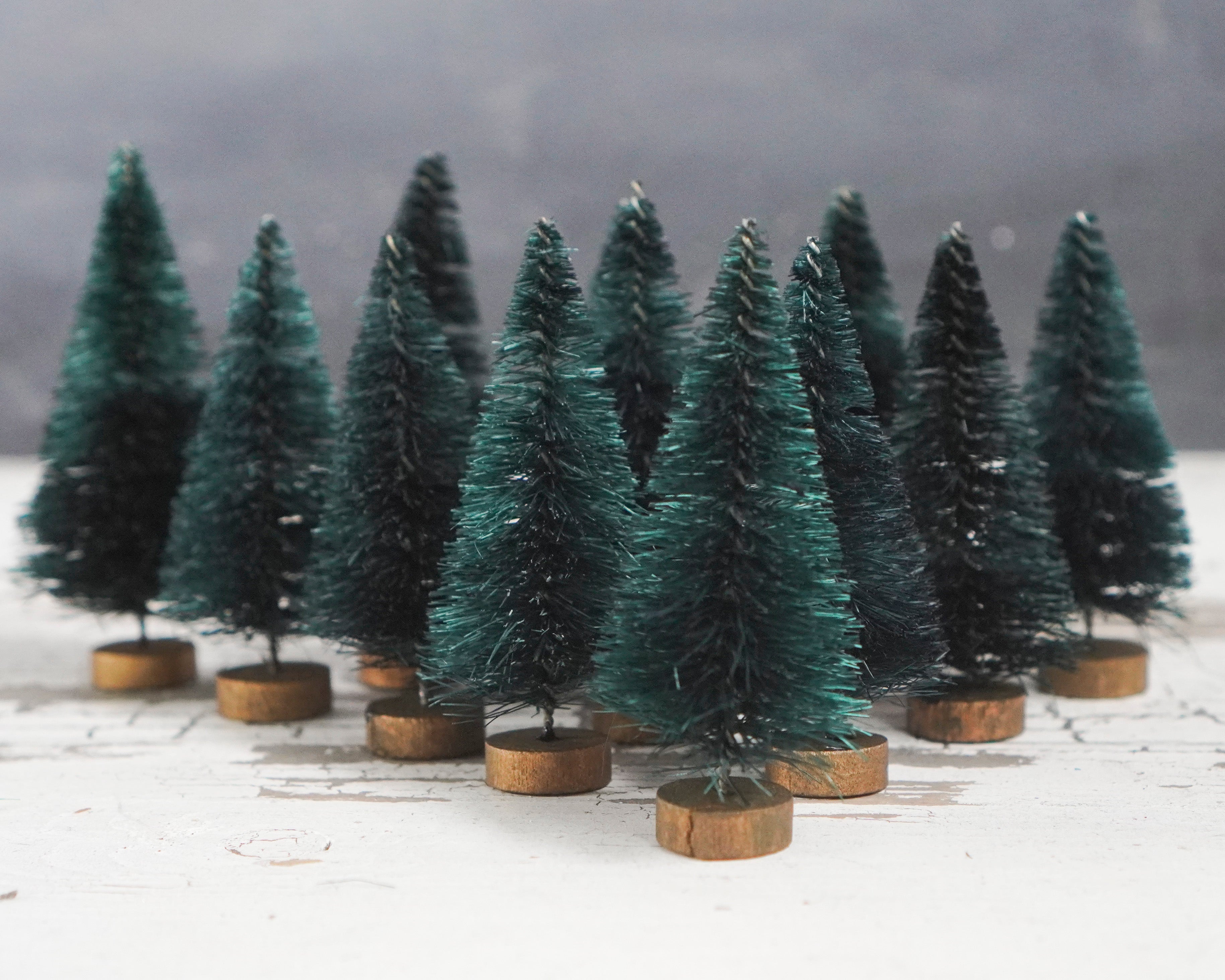 Miniature Dark Pine Bottle Brush Trees - Forest Green Sisal Trees, 12 Pcs.