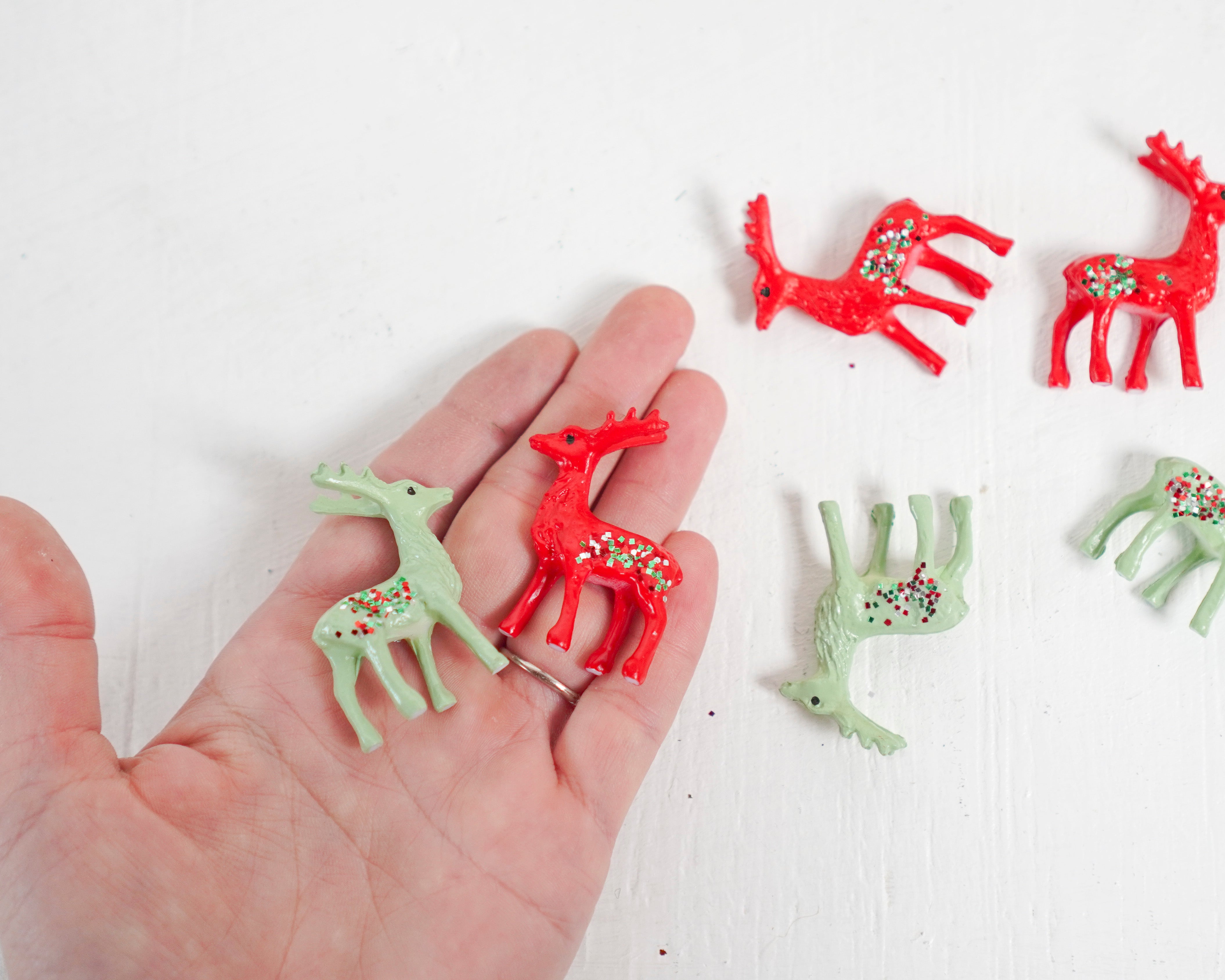 Miniature Christmas Deer - 6 Red and Green Plastic Reindeer with Glitter