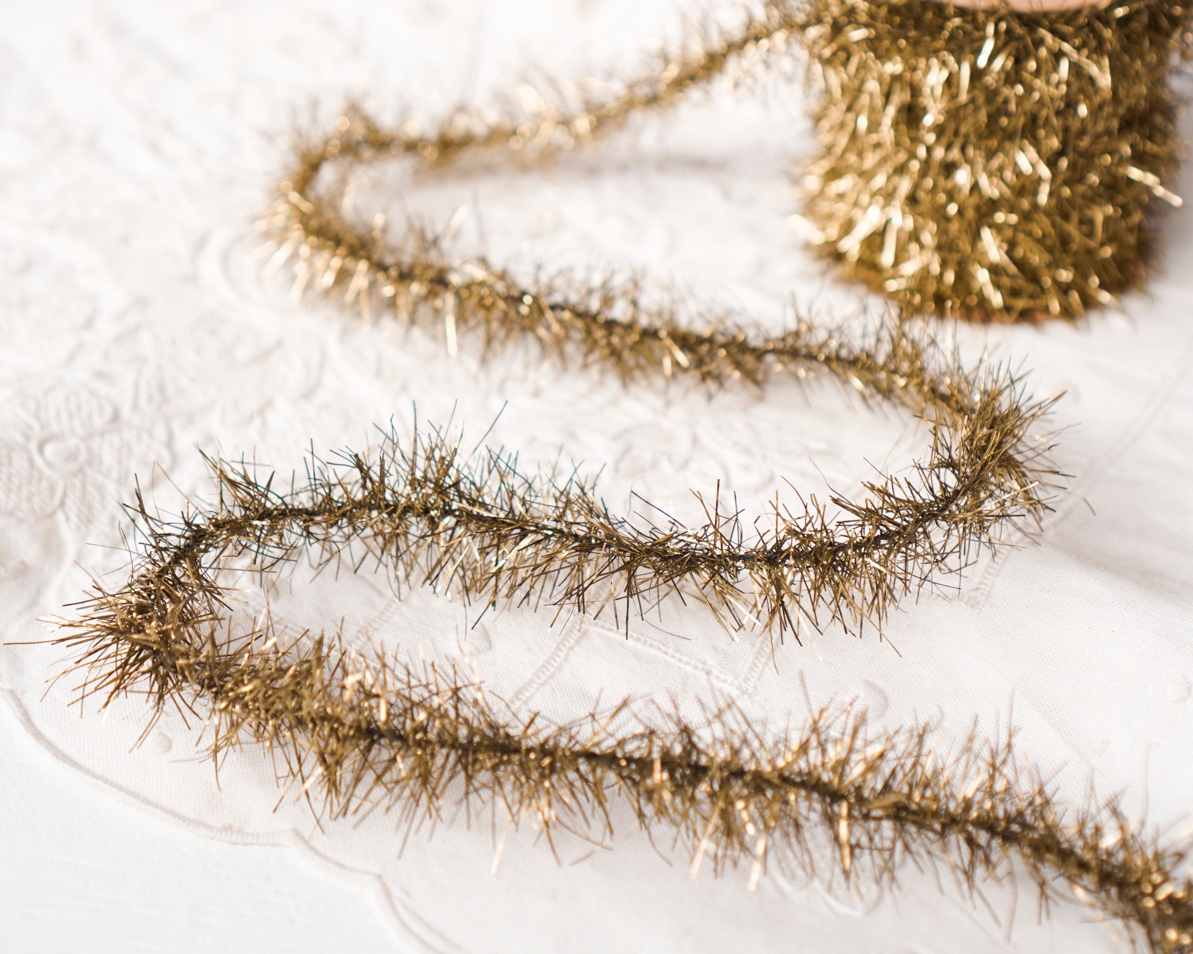 Tinsel Garland - Aged Gold Vintage Style Christmas Trim, 12 Foot Spool