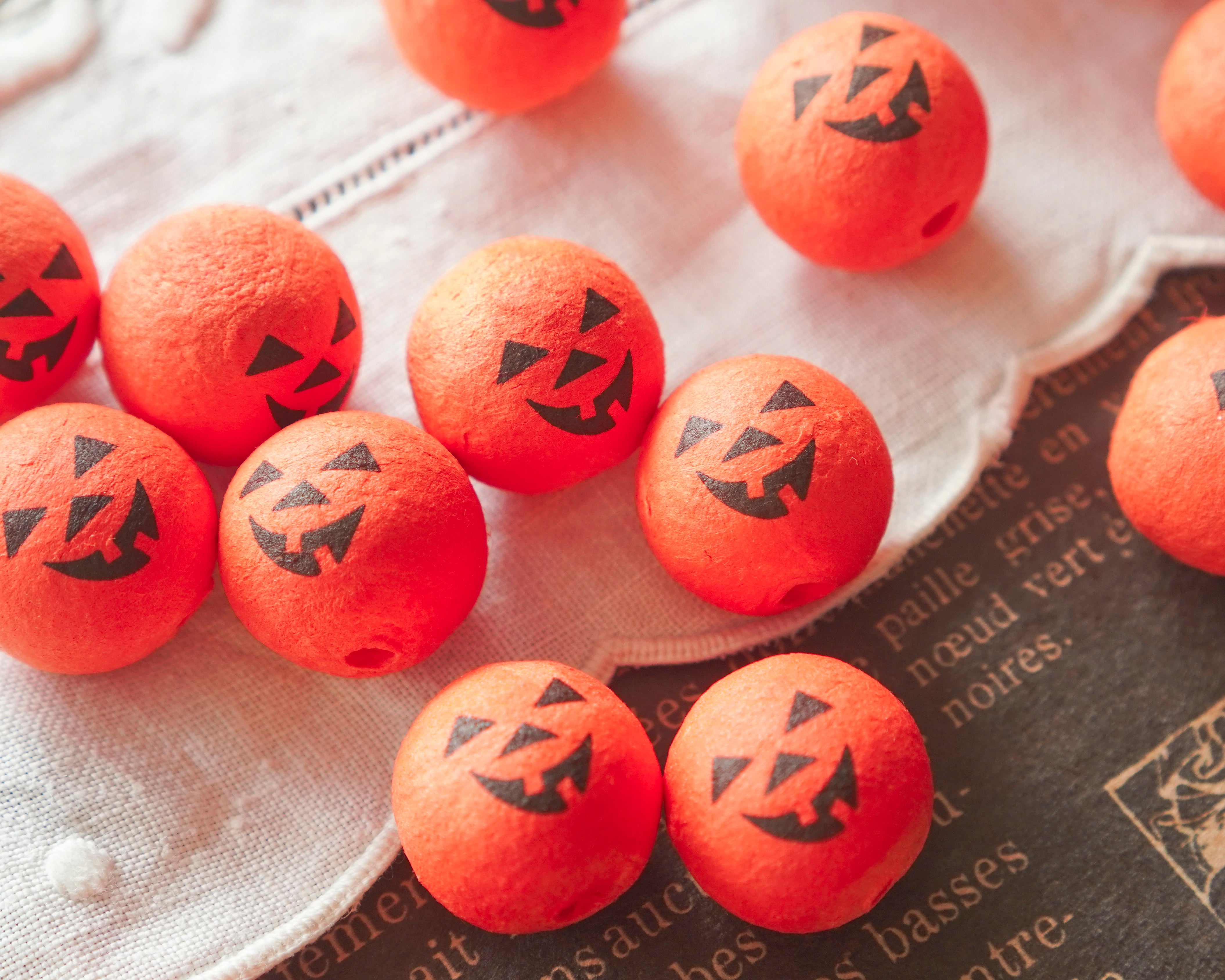 Mini Spun Cotton Heads: JACK O LANTERN - 20mm  Vintage Style Pumpkin Heads, 12 Pcs.