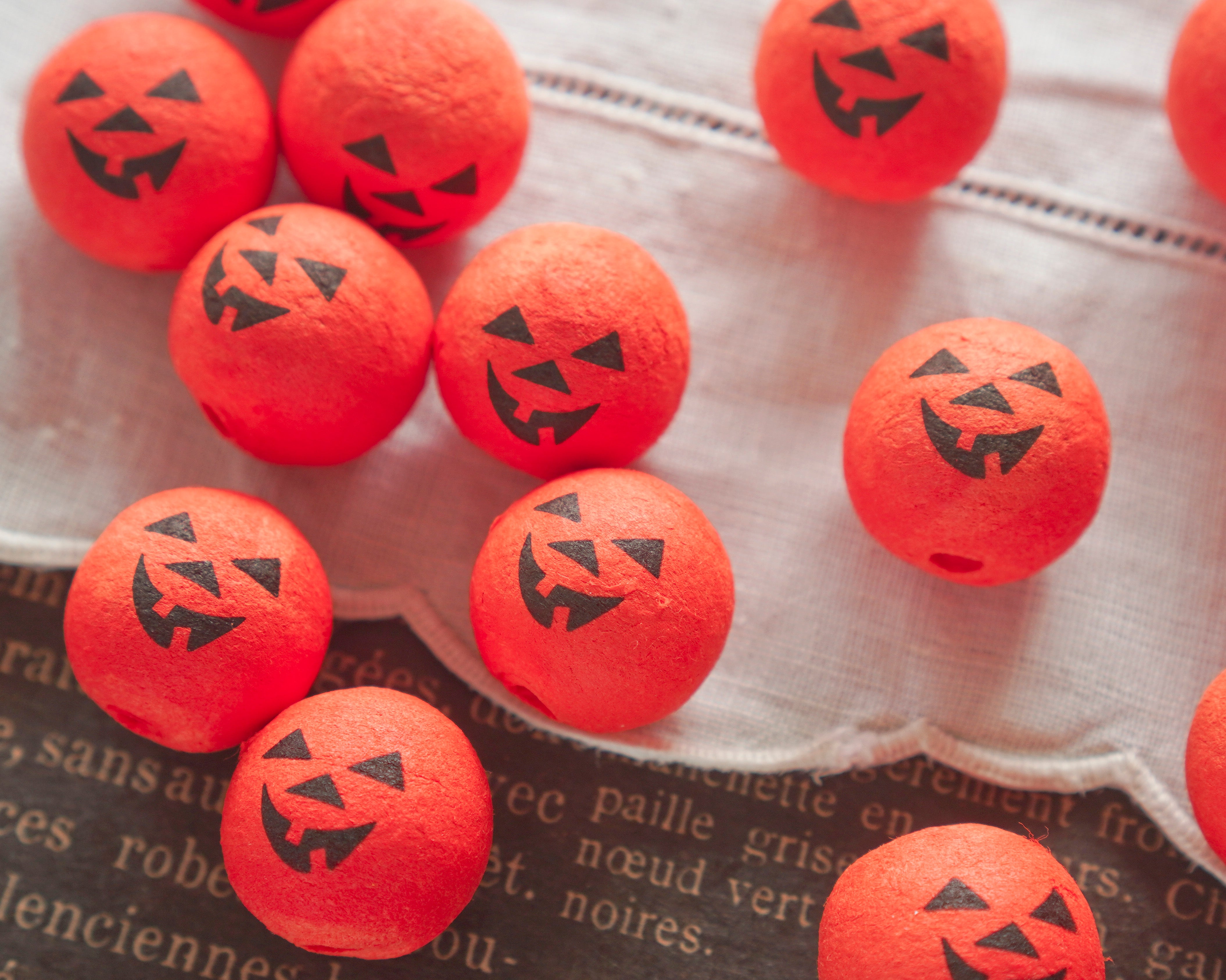 Mini Spun Cotton Heads: JACK O LANTERN - 20mm  Vintage Style Pumpkin Heads, 12 Pcs.