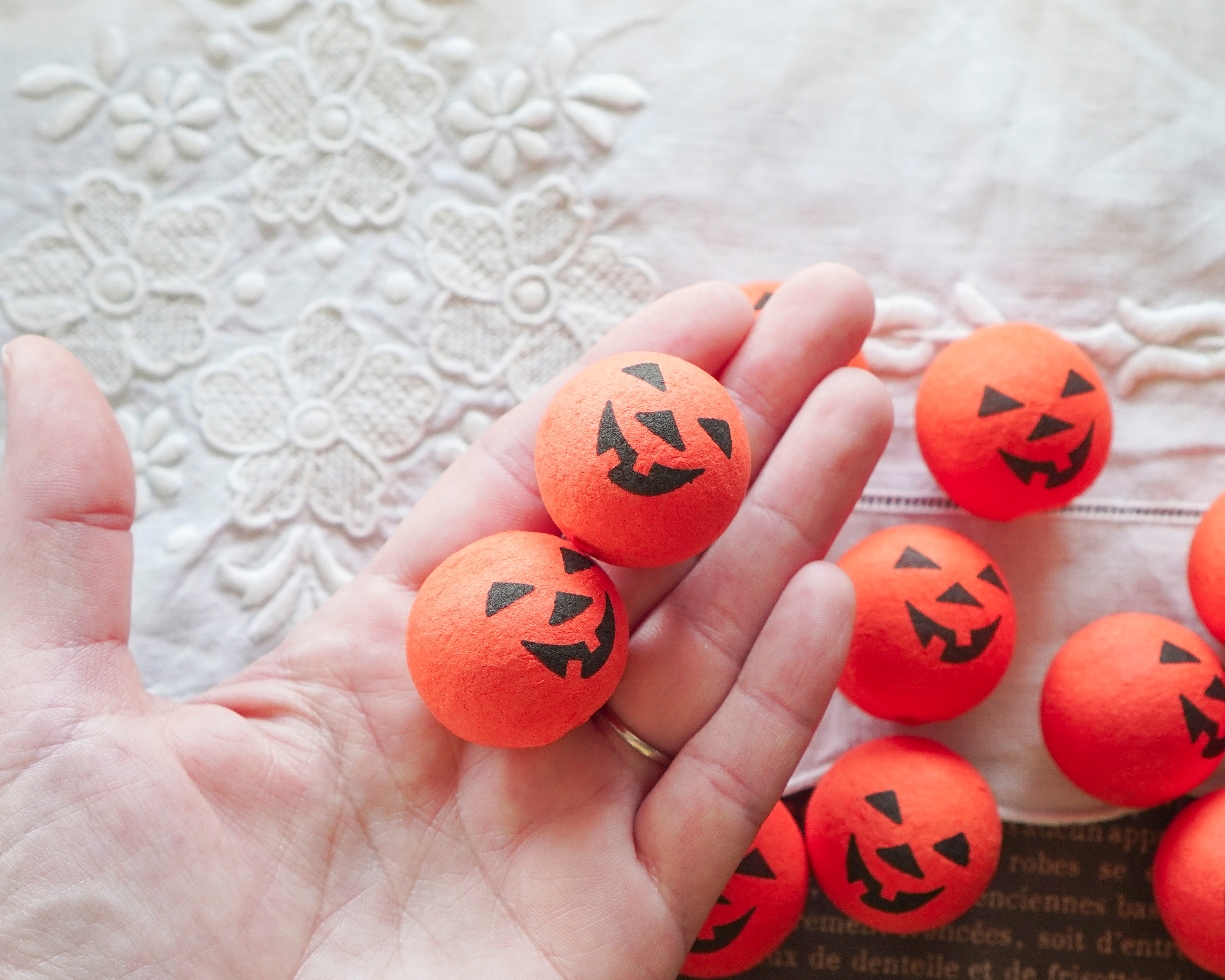 30mm Spun Cotton Heads: JACK O LANTERN - Vintage Style Pumpkin Heads, 12 Pcs.