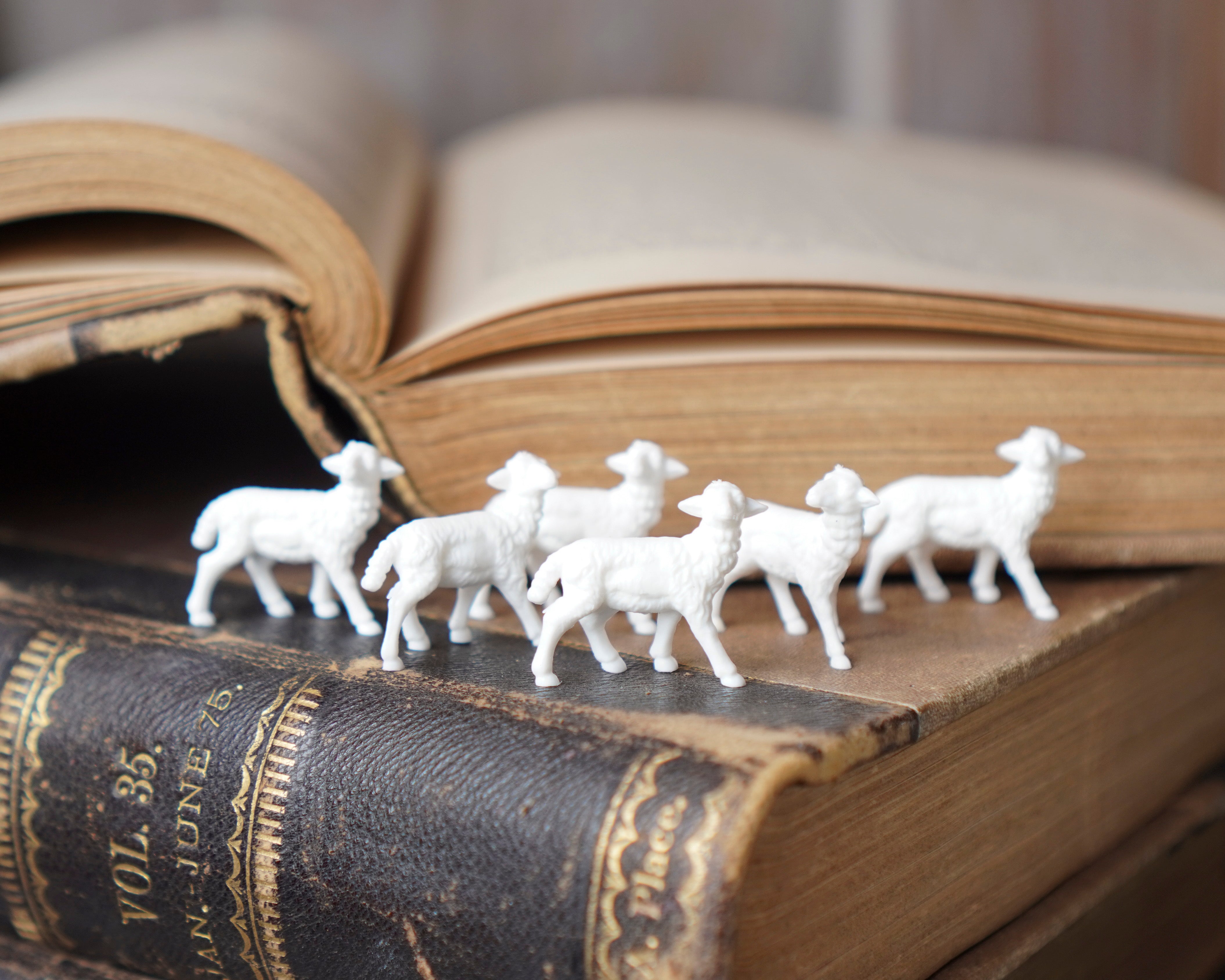 Miniature Lambs - Tiny German Plastic Craft Figurines, 6 Pcs.