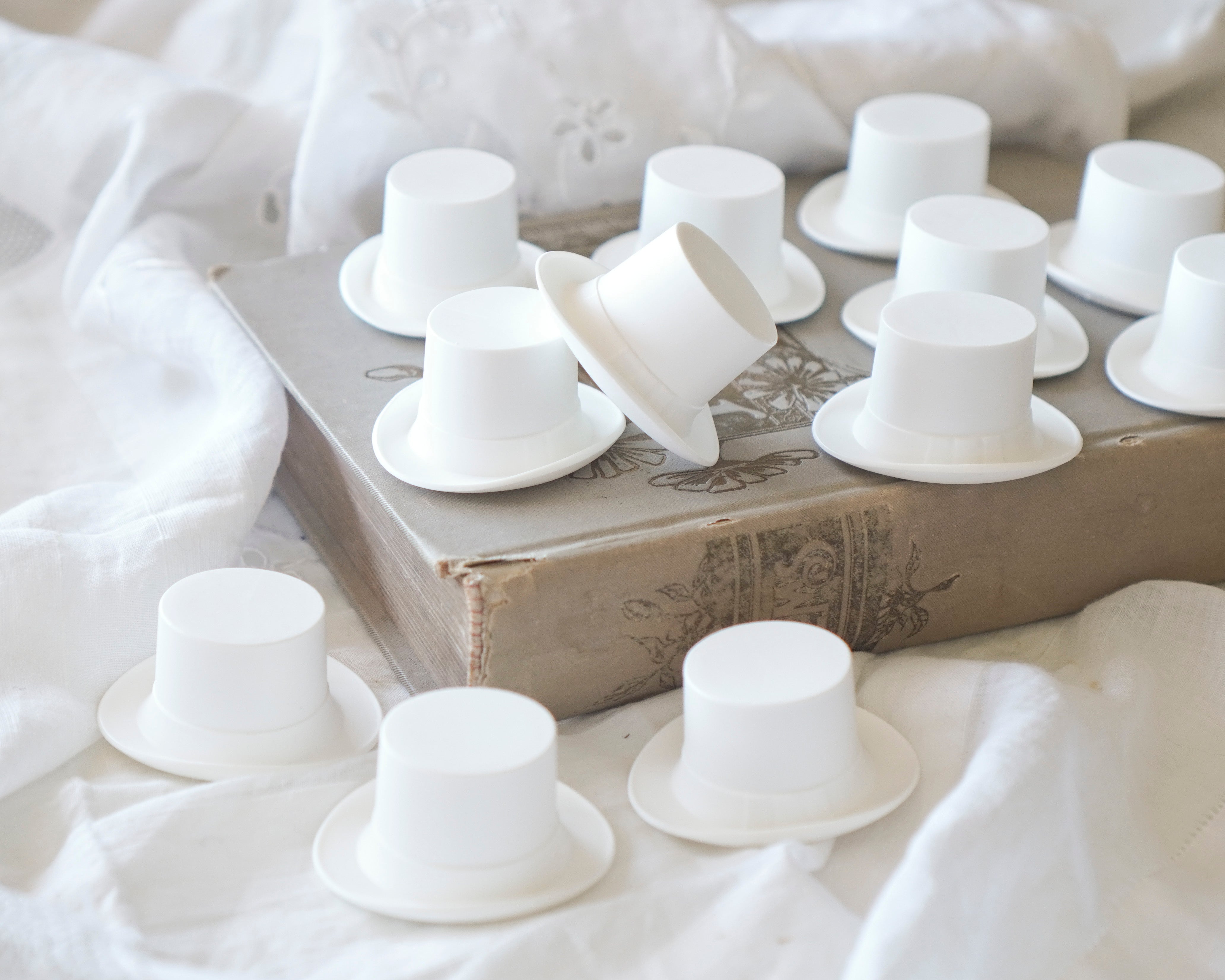 White craft top hats on a book with white fabric background